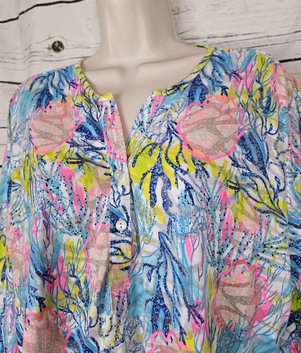 Lulu B Under Sea Print Slub Knit Top XL Henley 3/4 Sleeves Womens