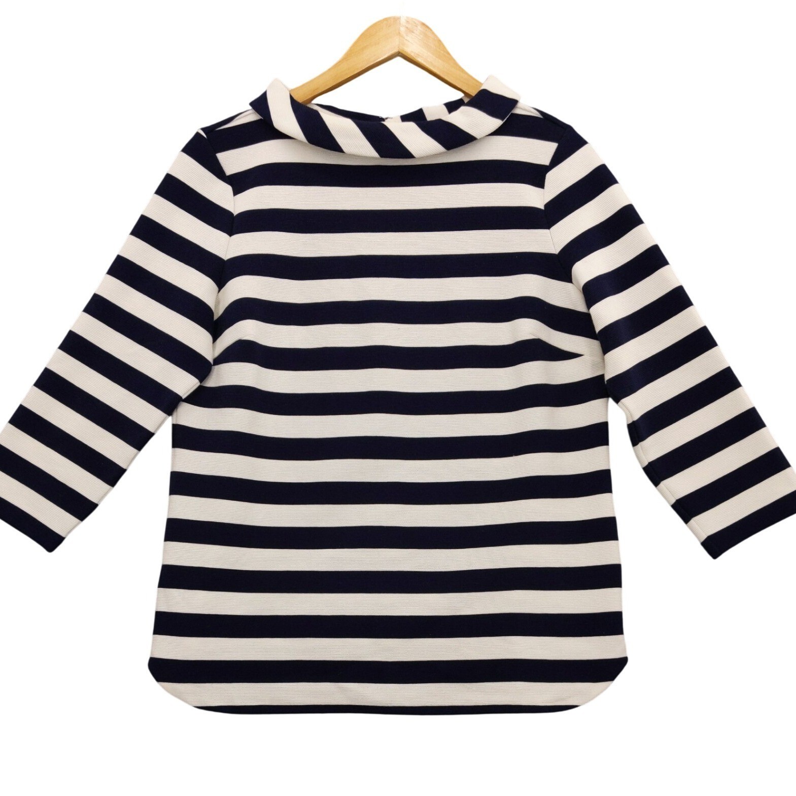 Talbots Stripe Button Back Top Womens S Navy White 3/4 Sleeve Roll Collar Pique