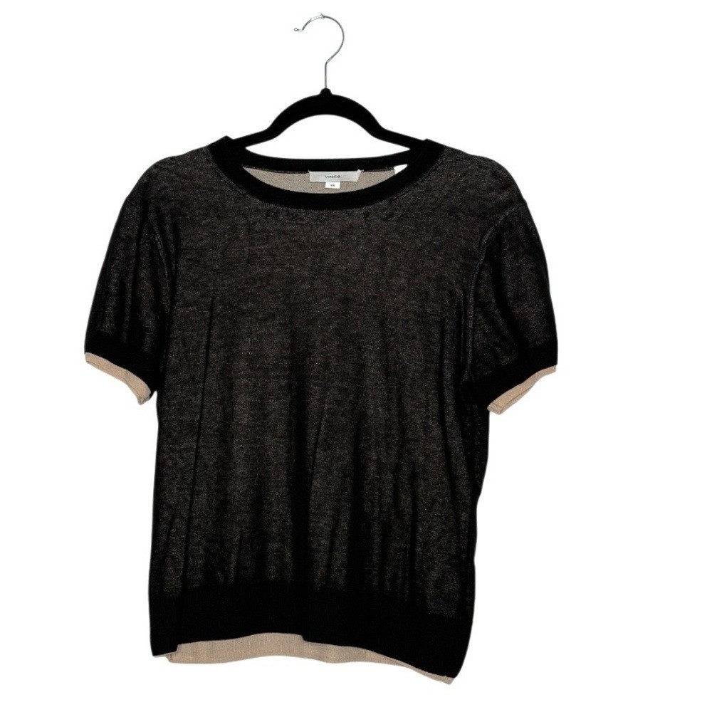 VINCE Double Layer Tee Black/Oat Sand Italian Cotton Blend Crew Neck Size L
