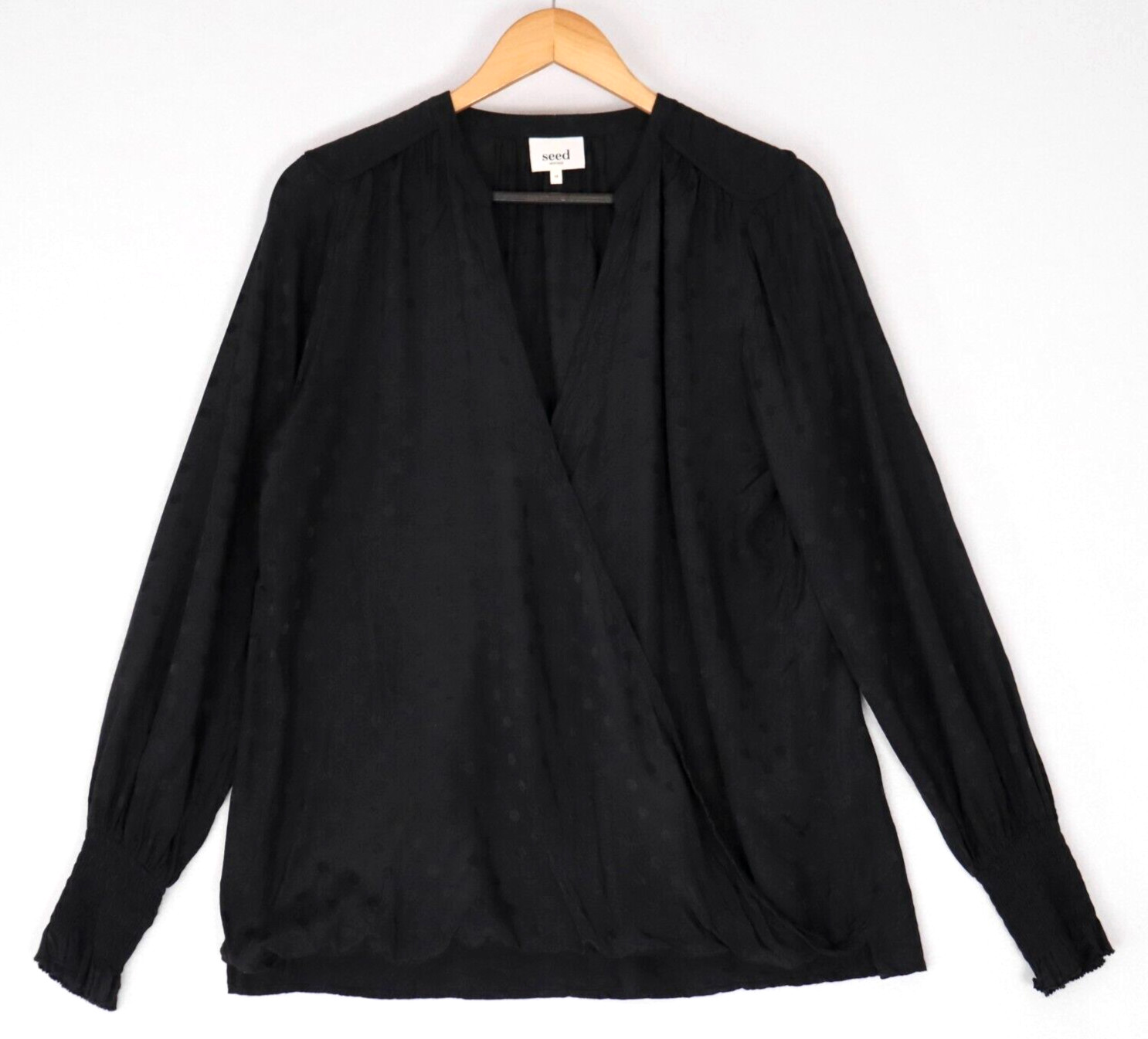 Seed Womens Sateen Faux Wrap Top Size 10 Black Swiss Dot Bishop Sleeve Blouson
