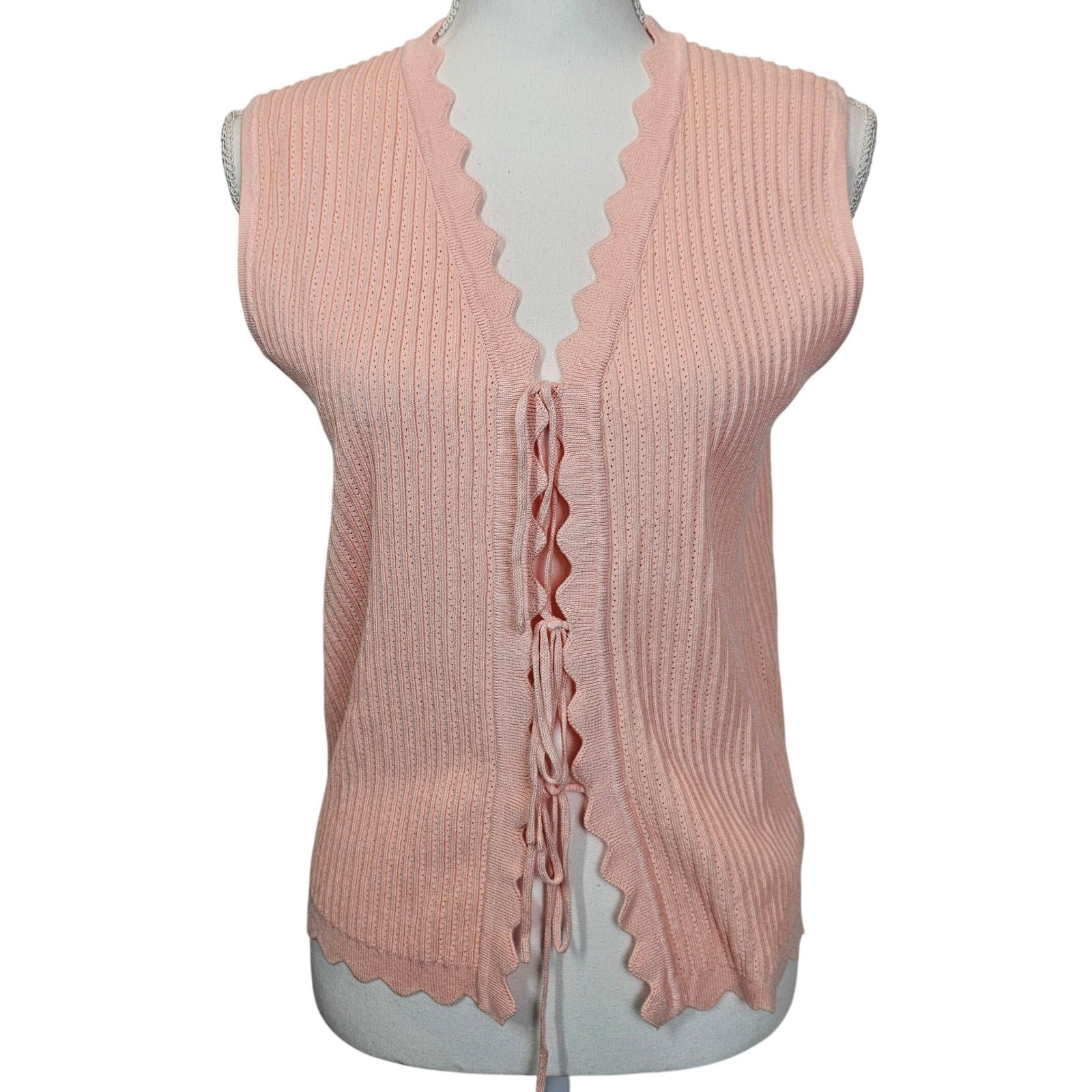 Pale Pink Coquette Soft Girly Tie Front Ribbed Tank Top Sleeveless Size Small