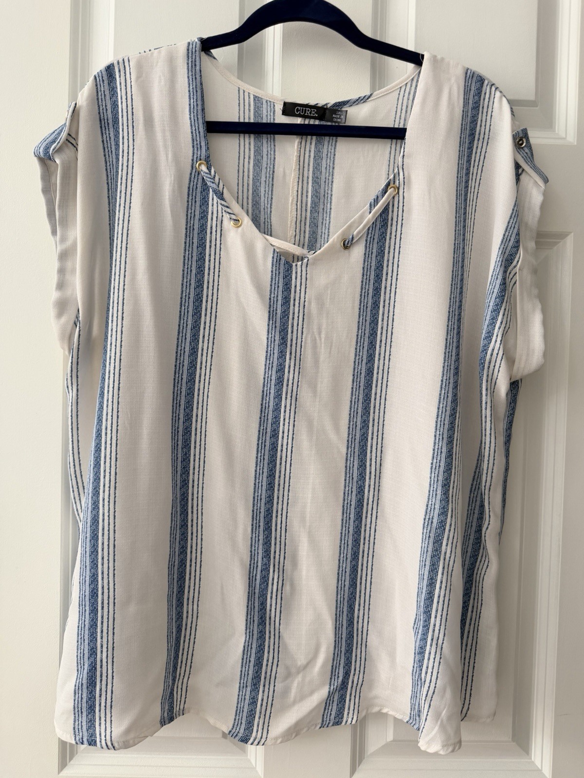 Cure Striped Women’s Top with Crisscross Detail and Roll Tab Sleeves Size 1X