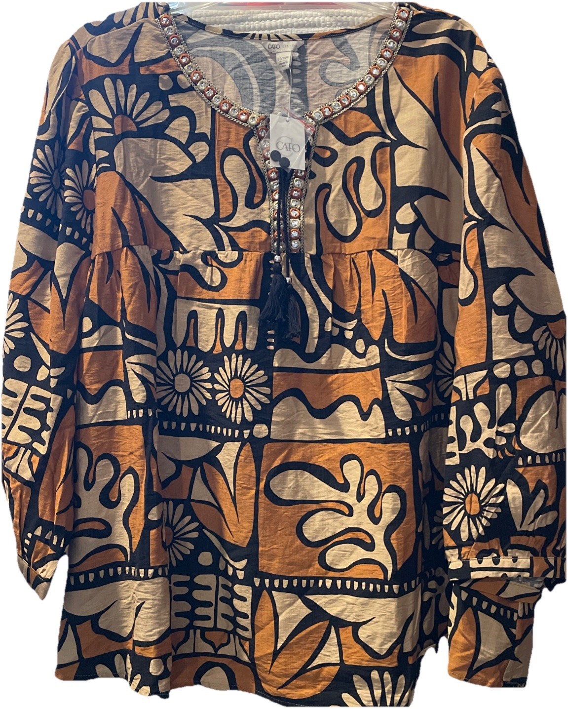 Cato 22/24W Bali Hide Embellished Warm Sands Bohemian 70s Hippie Tassels Blouse
