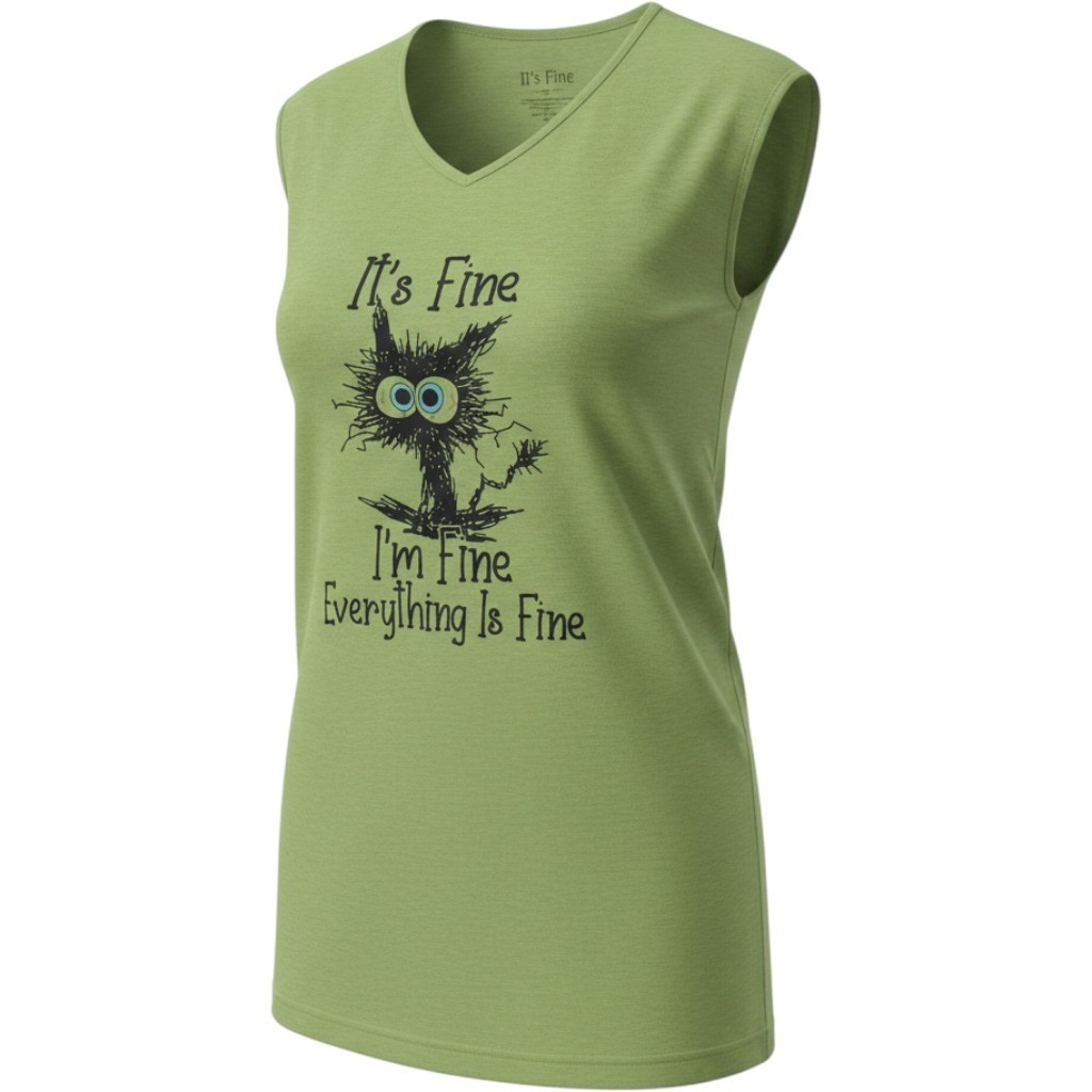 Graphic Tee Women XXL Green Its Fine Im Fine Everything Is Fine Cat