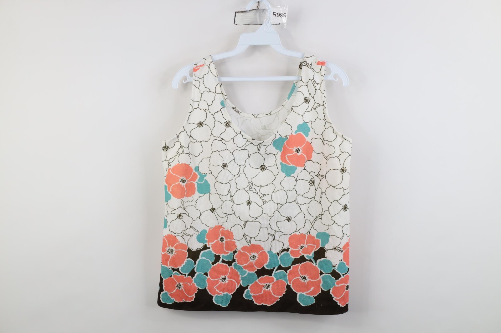 Vintage 70s Mid Century Modern MCM Womens Large Flower Knit Tank Top T-Shirt