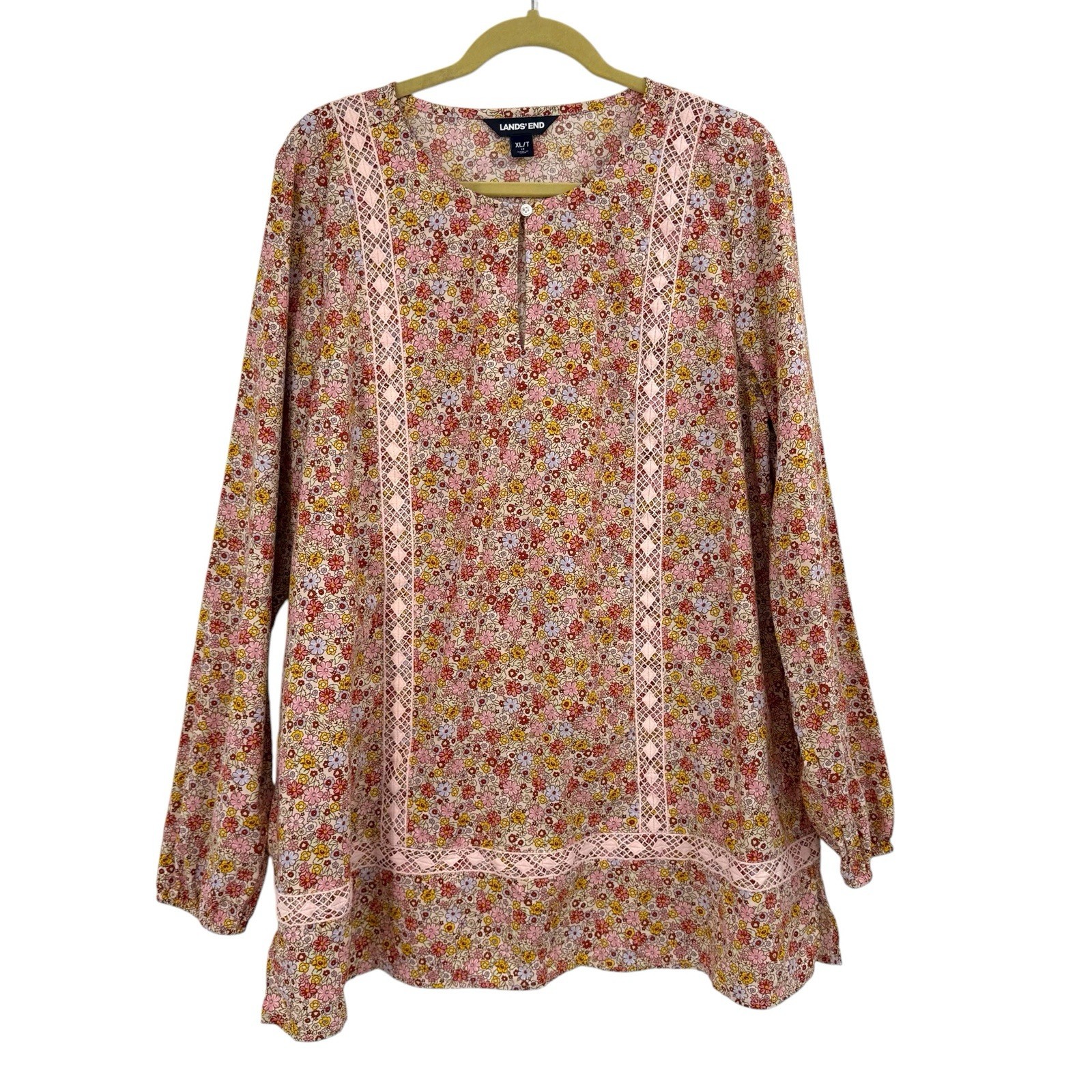 Lands’ End XL Tall Cotton Long Sleeve Tunic Top Floral Peasant Crochet Blouse