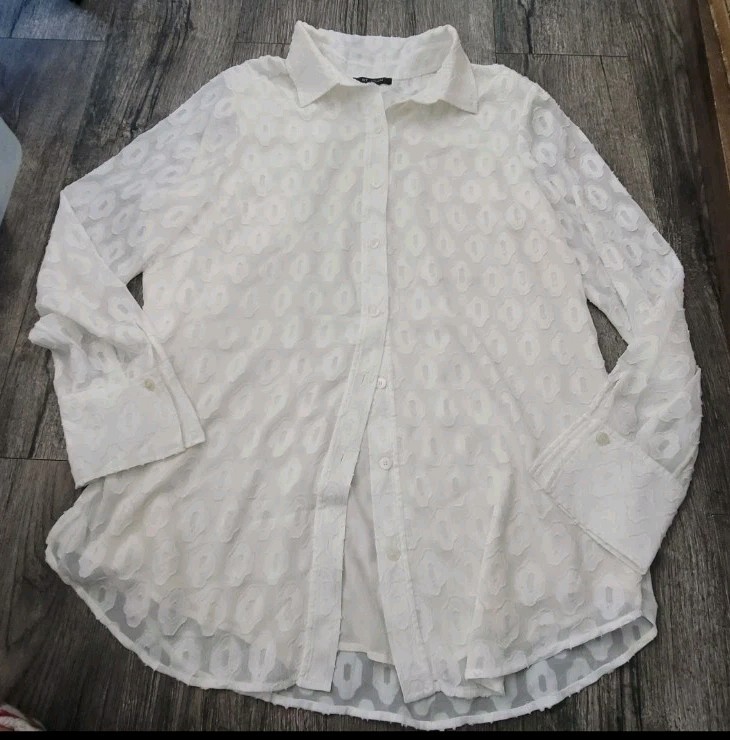 St. John textured semi-sheer button-down blouse