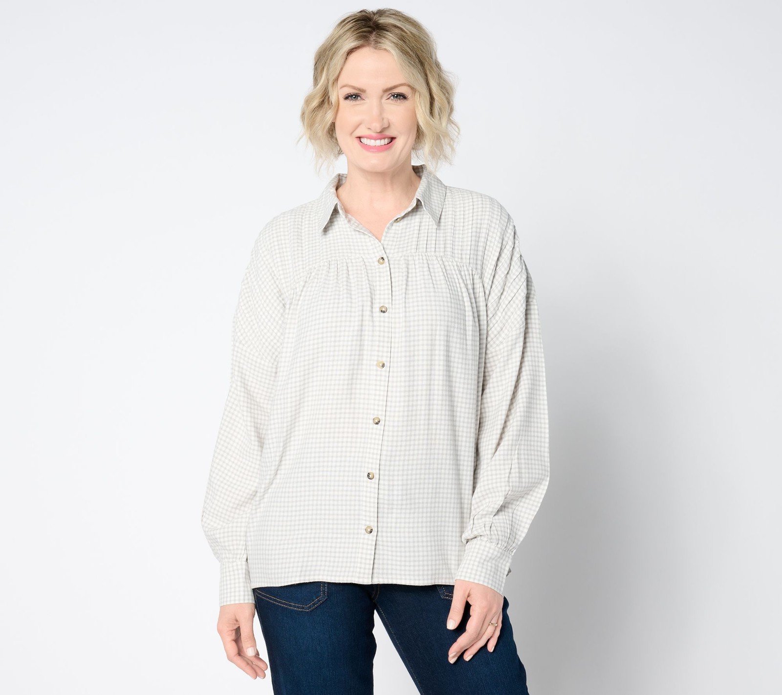 Peace Love World Women’s Top Sz L Boheme Check Plaid Button Front Gray A655968