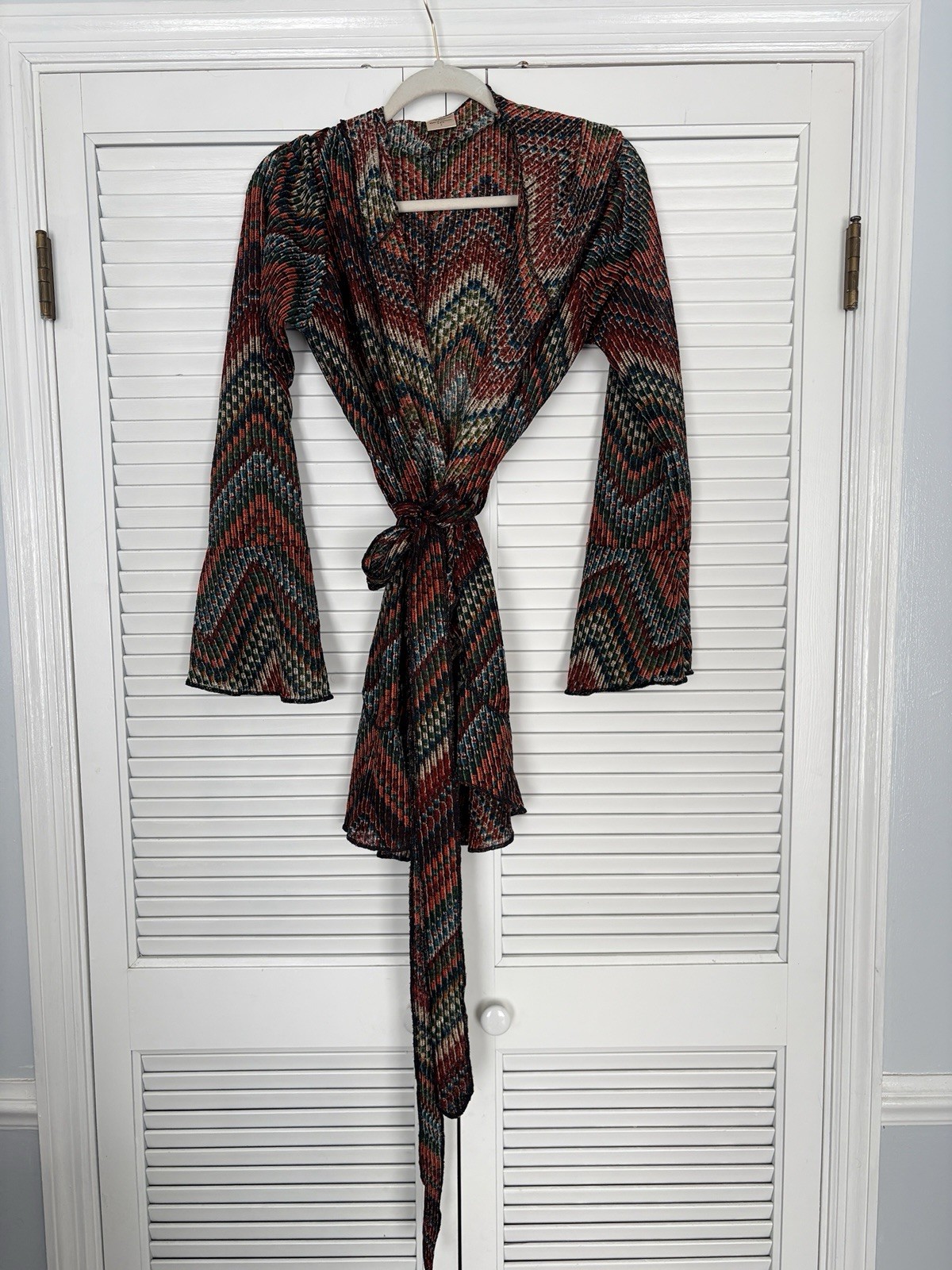 Autumn Teneyl Multicolor Chevron Kimono Robe V-Neck Belted Tie Long Sleeve L