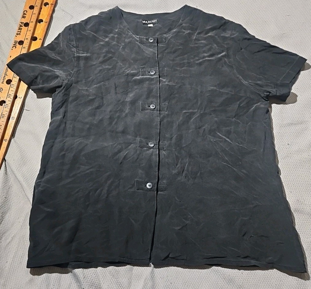 Mulberry Shirt Womens Medium Black Silk Mandarin Button Quiet Luxury Preppy