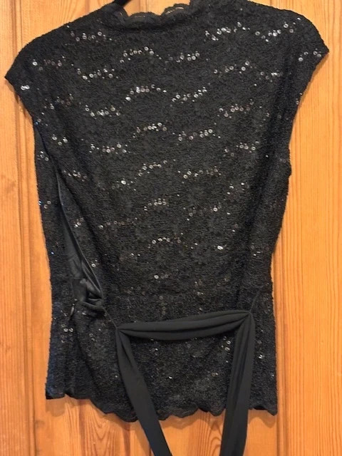 Jacques Vert Black Sequin Lace Top Size 10 Evening Occasion Party Blouse