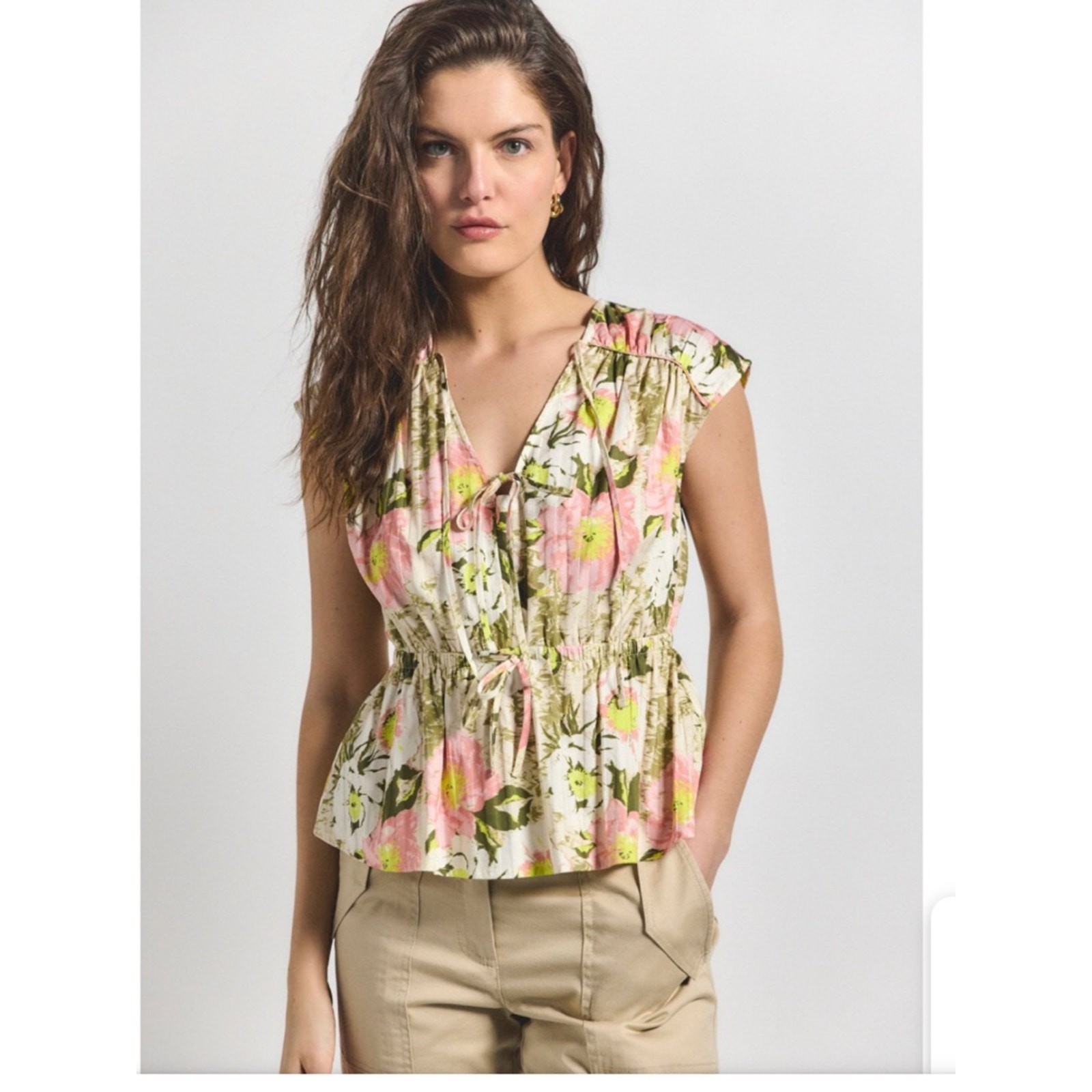 Derek Lam floral V-neck double tie peplum top in pink and green