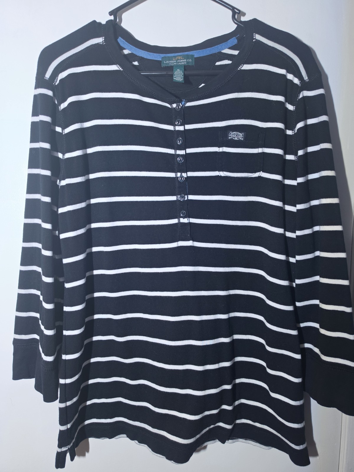 Lauren Jeans Co. Ralph Lauren Women’s Stripe Henley Button Knit Top Pockets XL