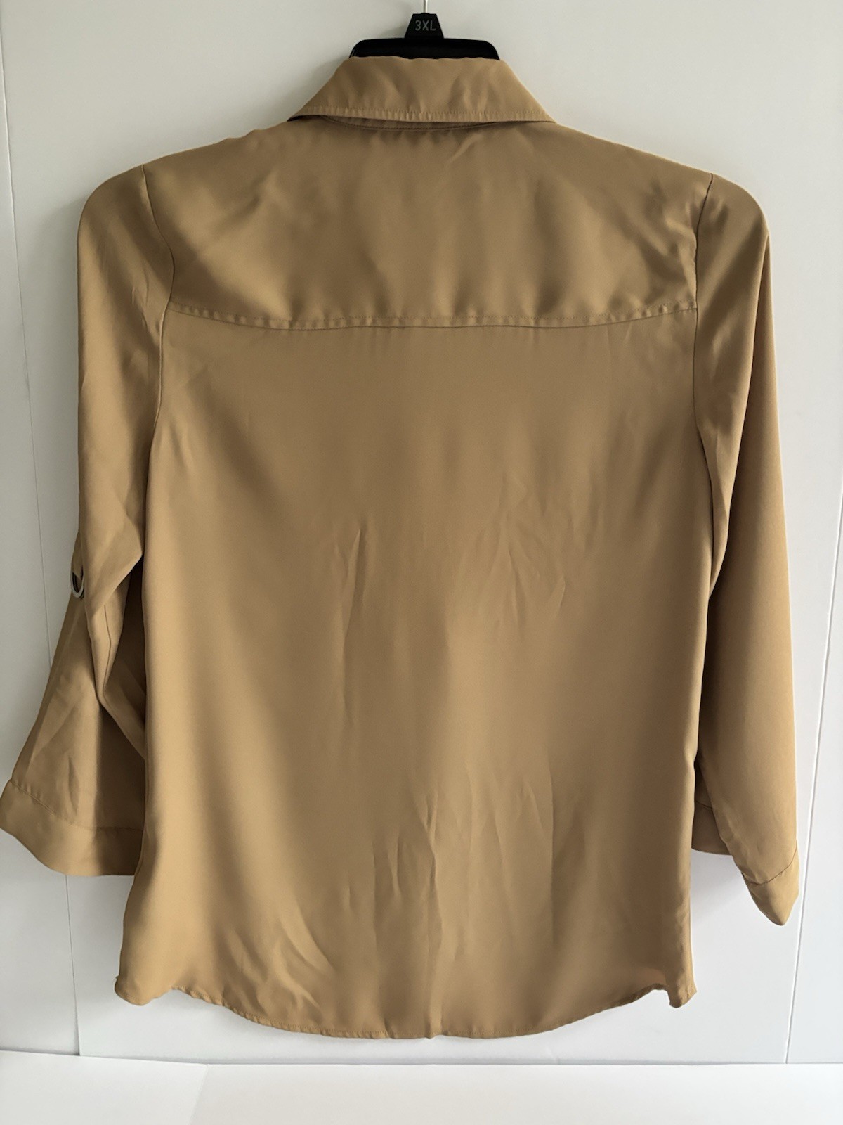 Michael Kors Caramel Tan Utility Blouse Zip Front Gold Snap Hi Low S