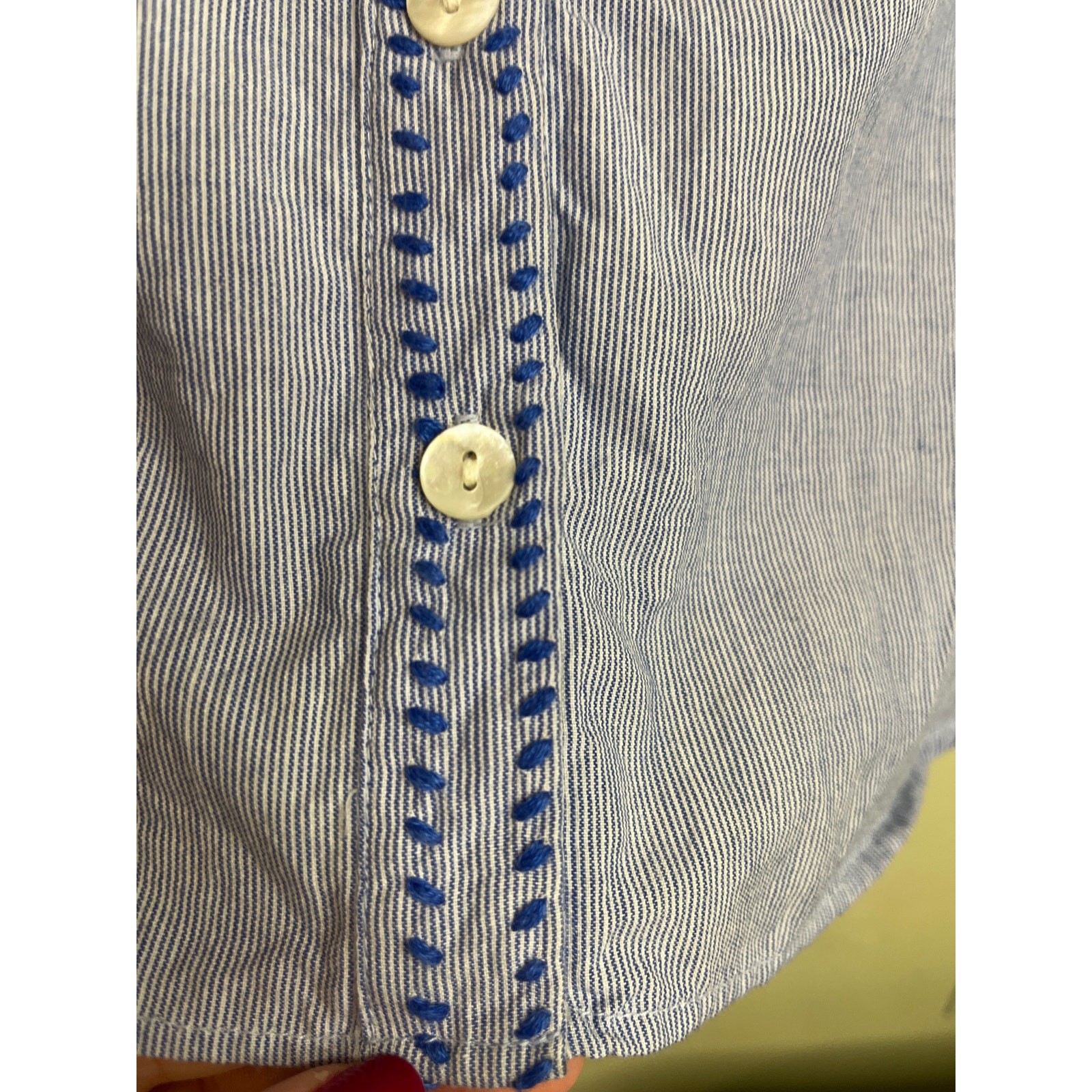 Roller Rabbit Womens Top Blue Striped V Neck Blouse Floral 3/4 Sleeve, Size XS