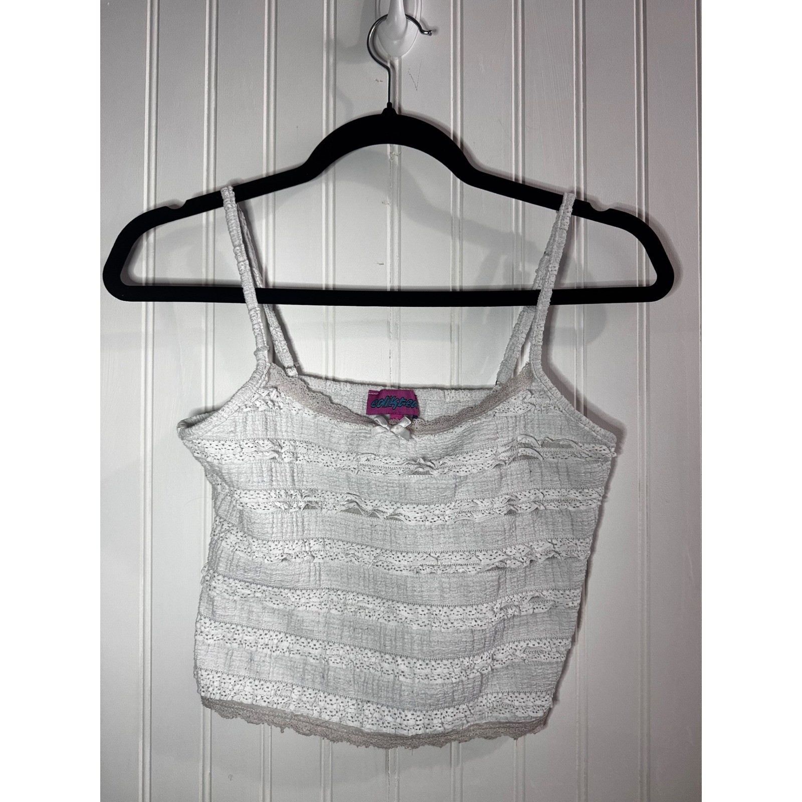 Edikted White Lace Coquette Crop Top Eyelet Ruffle Camisole Adjustable Small