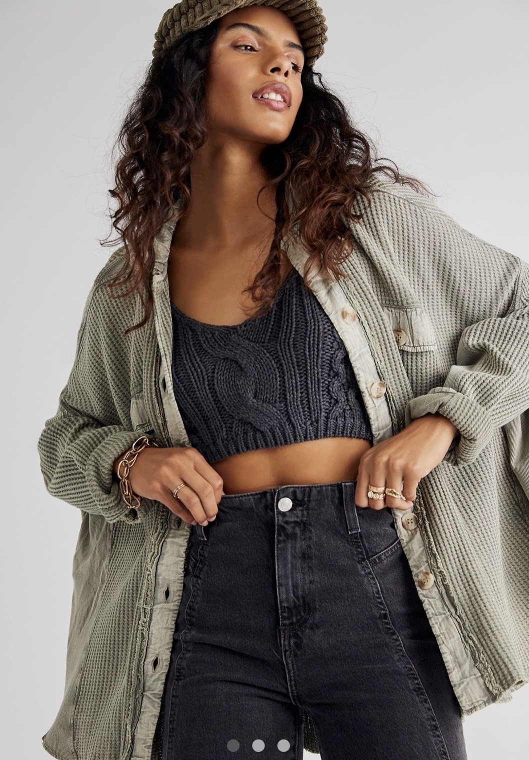 Free People One Scout Jacket Shacket Waffle Thermal Knit Slouchy SageGreen S NEW