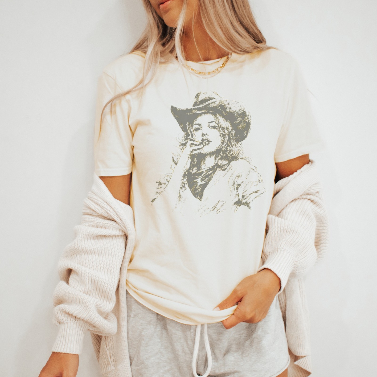 Cowboy Portrait Graphic Tee Vintage Western Stippled Art Design Natural
