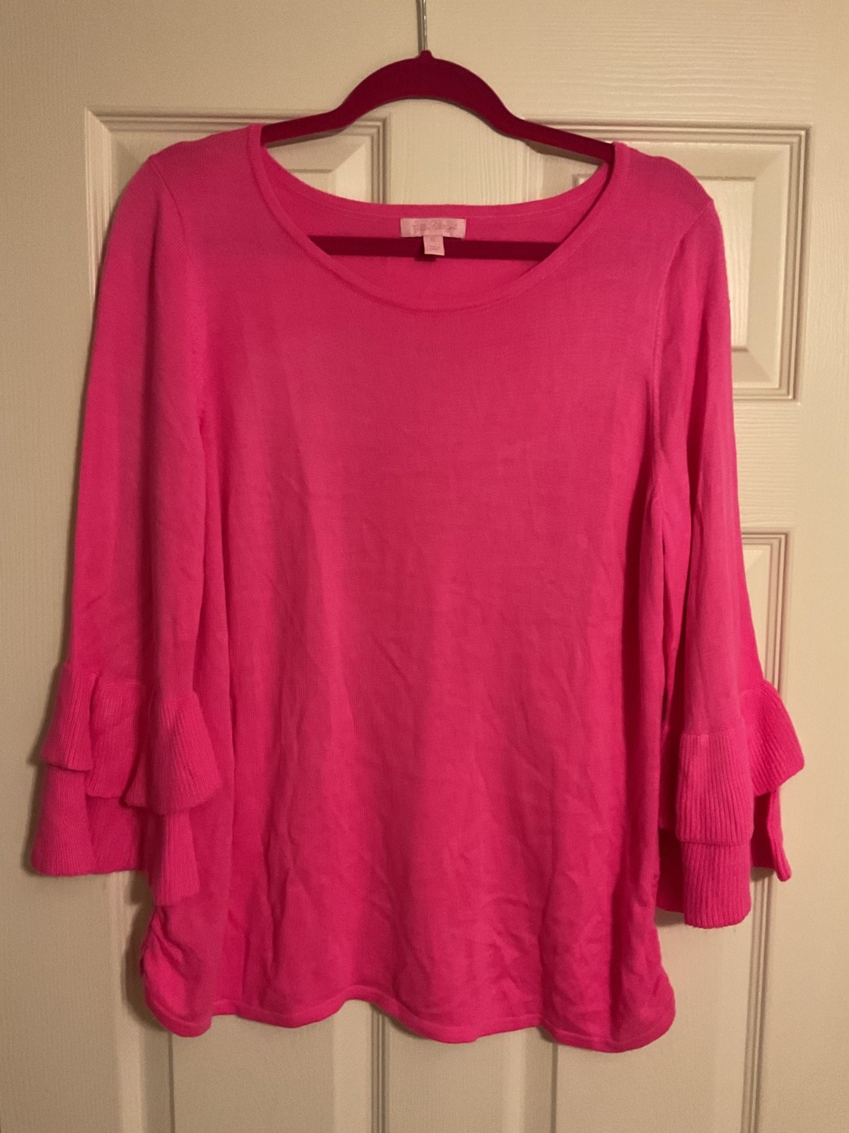 Lilly Pulitzer Clare Sweater Hot Pink 3/4 Bell Ruffle Sleeves Pullover X-Large