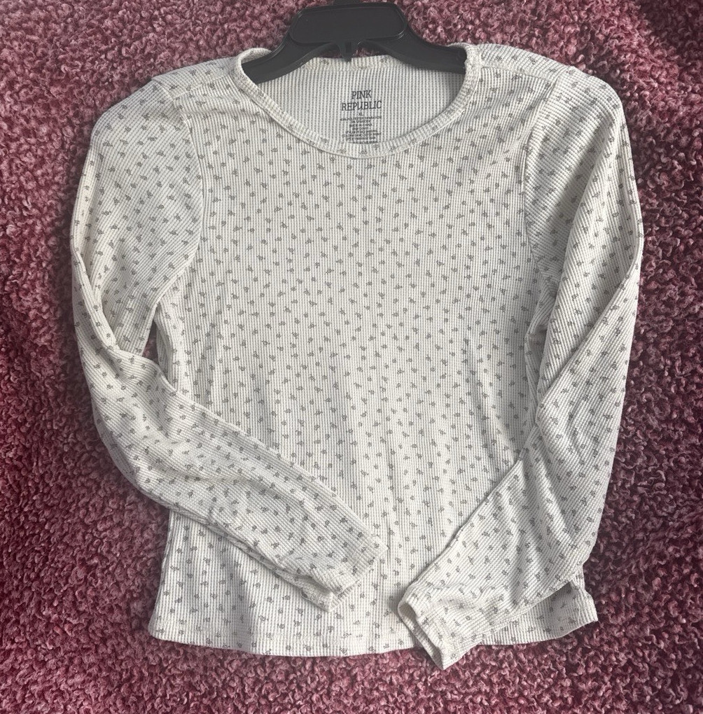 PINK REPUBLIC Women XL Beige/Gray Floral Rib Knit Crew Neck Tee