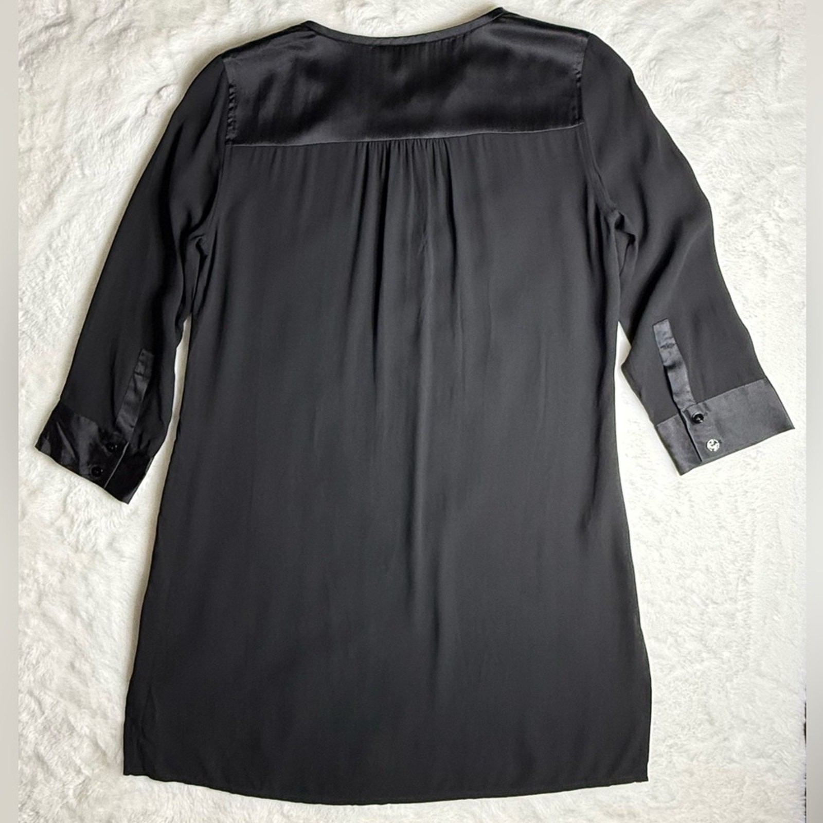 Eileen Fisher Silk Georgette Crepe Henley Tunic Dress Black Petite PP F4GC