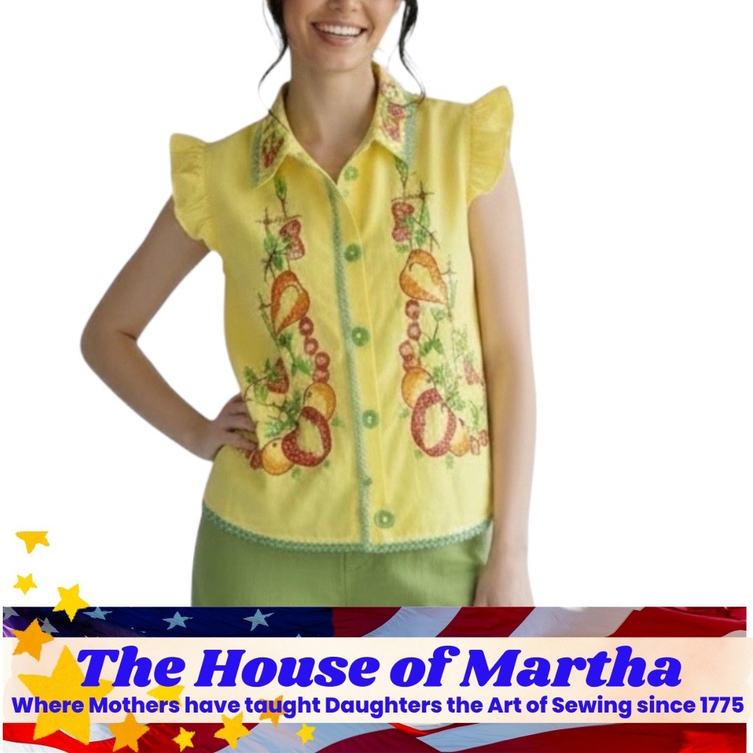 Vintage Yellow Fruit Embroidered Ruffle Sleeve Button Up Blouse Lace Trim Top