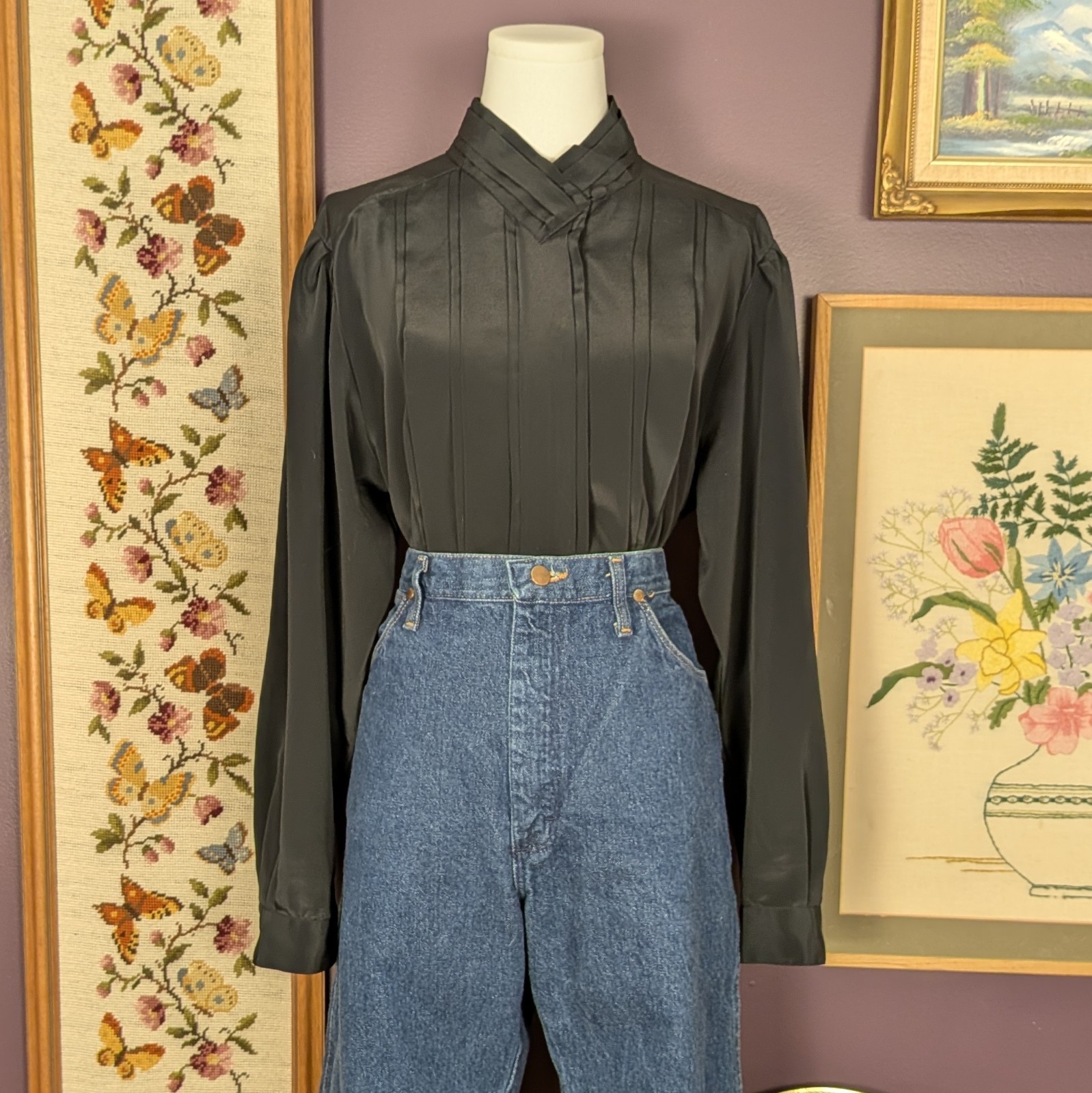 Vintage Black Silky Blouse from the 1990s by Karen Scott / Size Medium