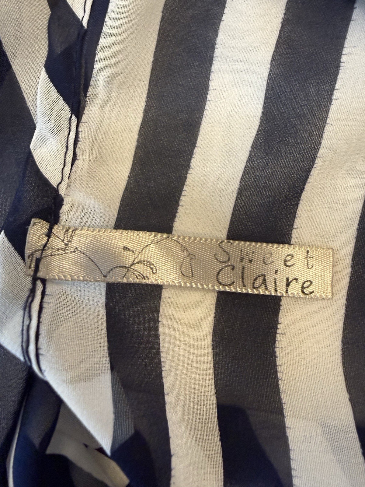 SWEET CLAIRE Top Women Sz L Blue/White Stripe Polka Dot Sheer Polyester Blouse