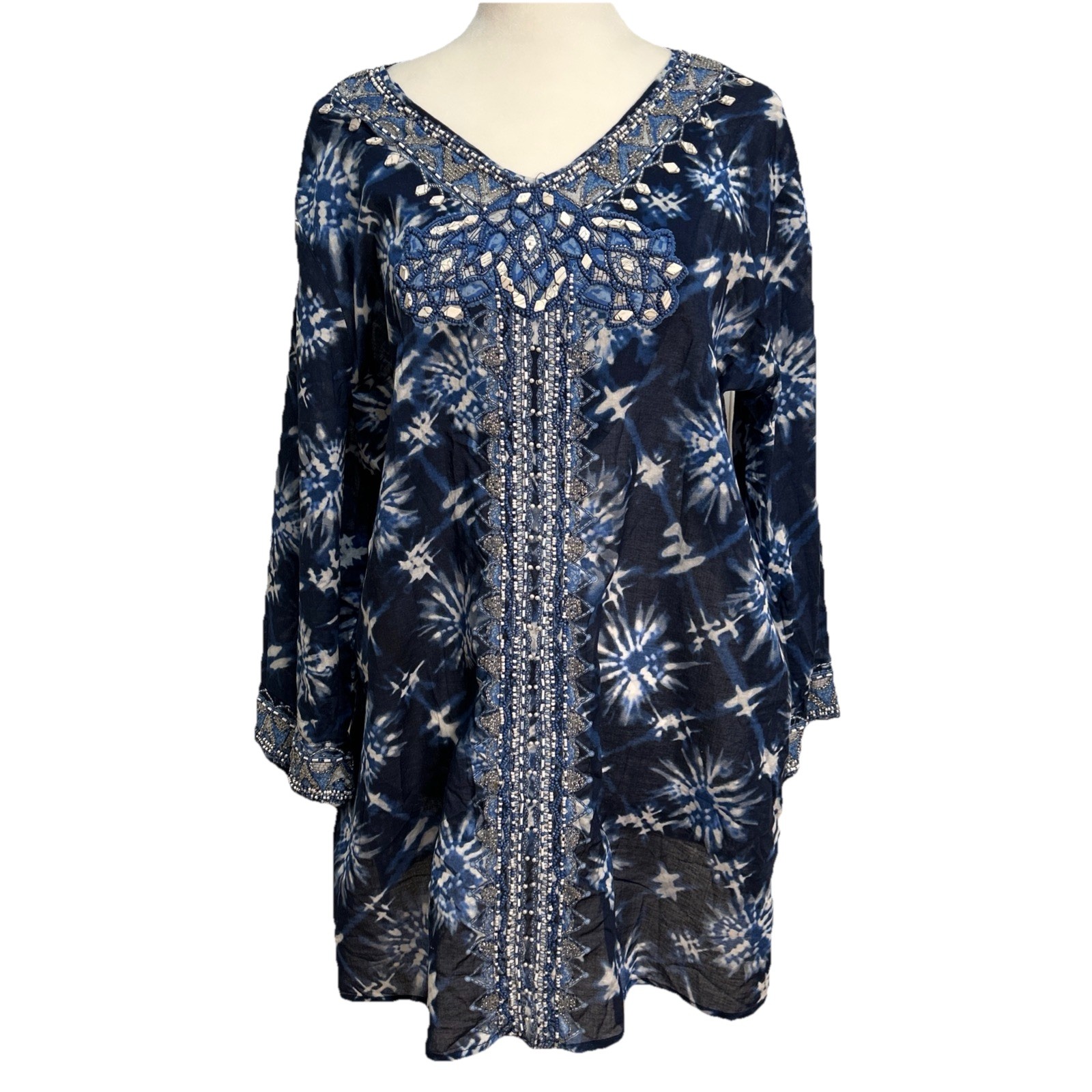Chico’s Tunic Top Thirty Unforgettable Years Boho Tie Dye Festival Beaded Lg