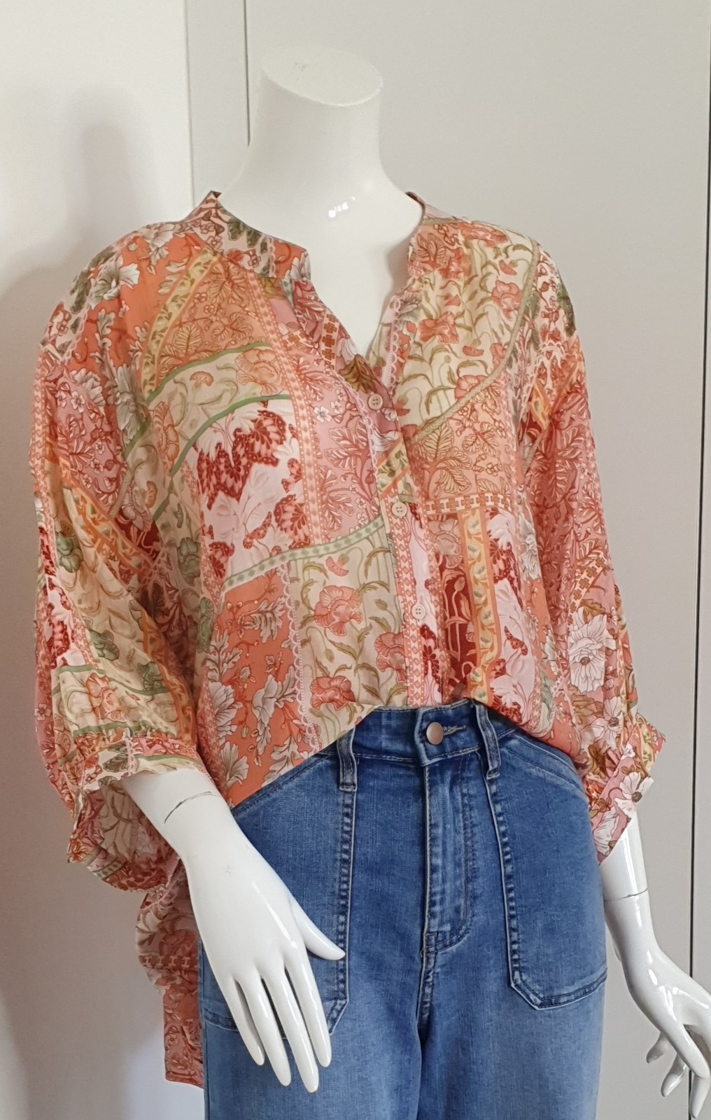 Caroline Morgan Sz 14-16 Boho Floral Patchwork Blouse 3/4 Slv Hi-Lo Hem BNWT