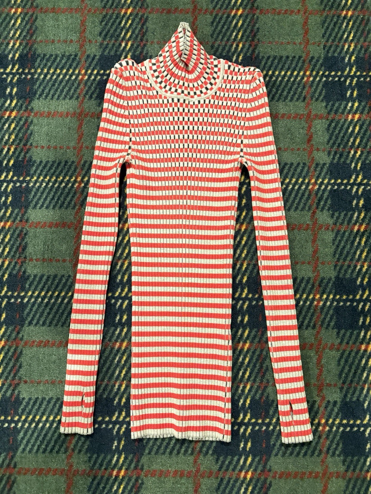 Paco Rabanne Knit Turtleneck Dress M Red Gray Striped Bodycon Designer