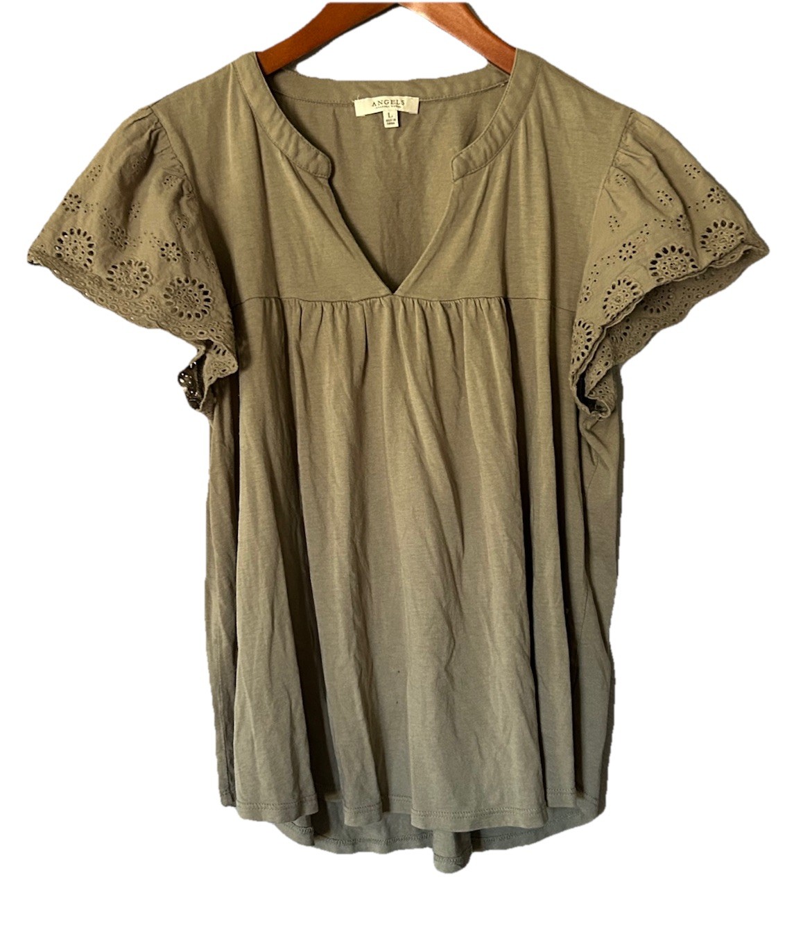 Angles Forever Young Olive V Neck Top Eyelet Lace Sleeves Forest Fairy Boho