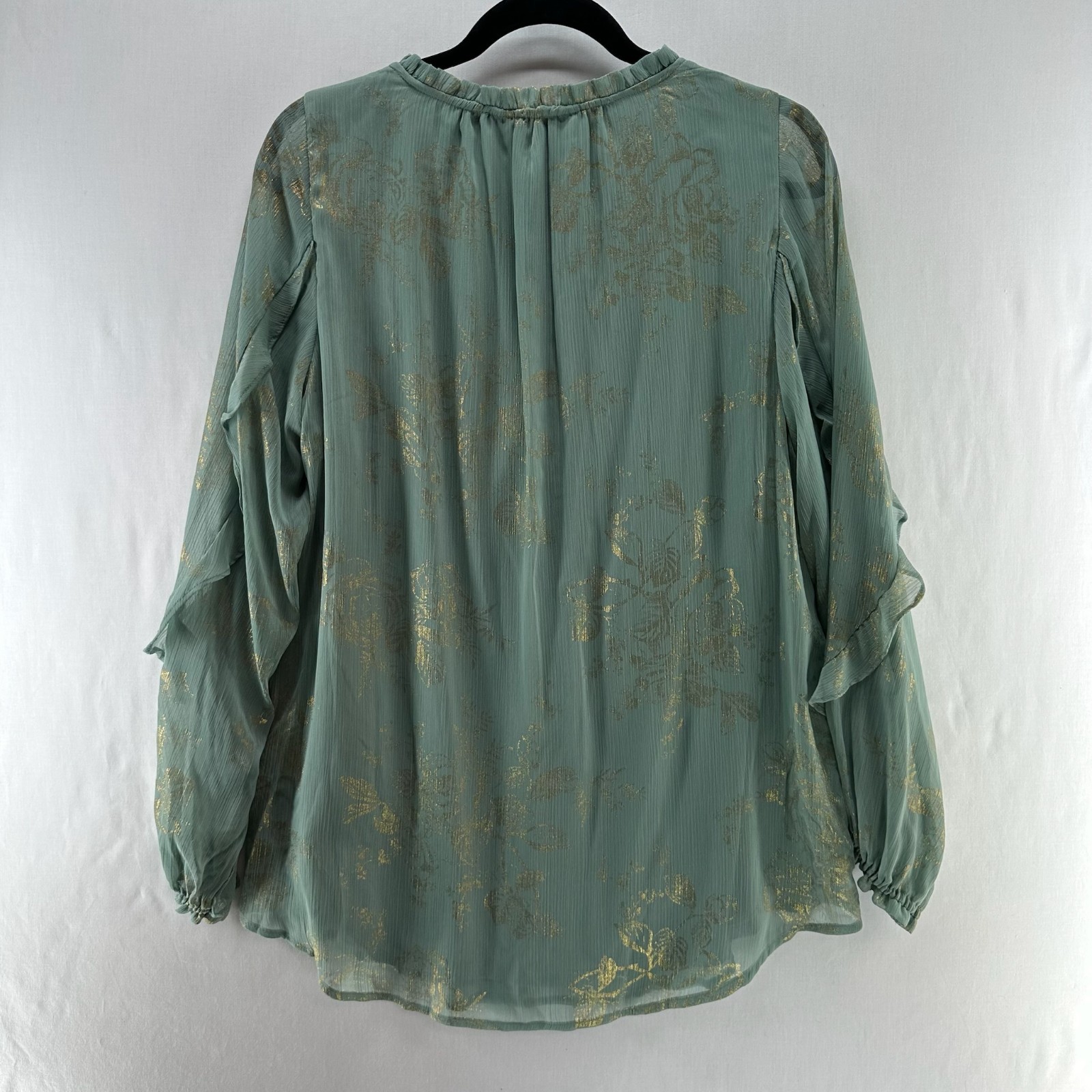 LC Lauren Conrad Ruffle Peasant Top Size L Split Neck Gold Metallic Print Green