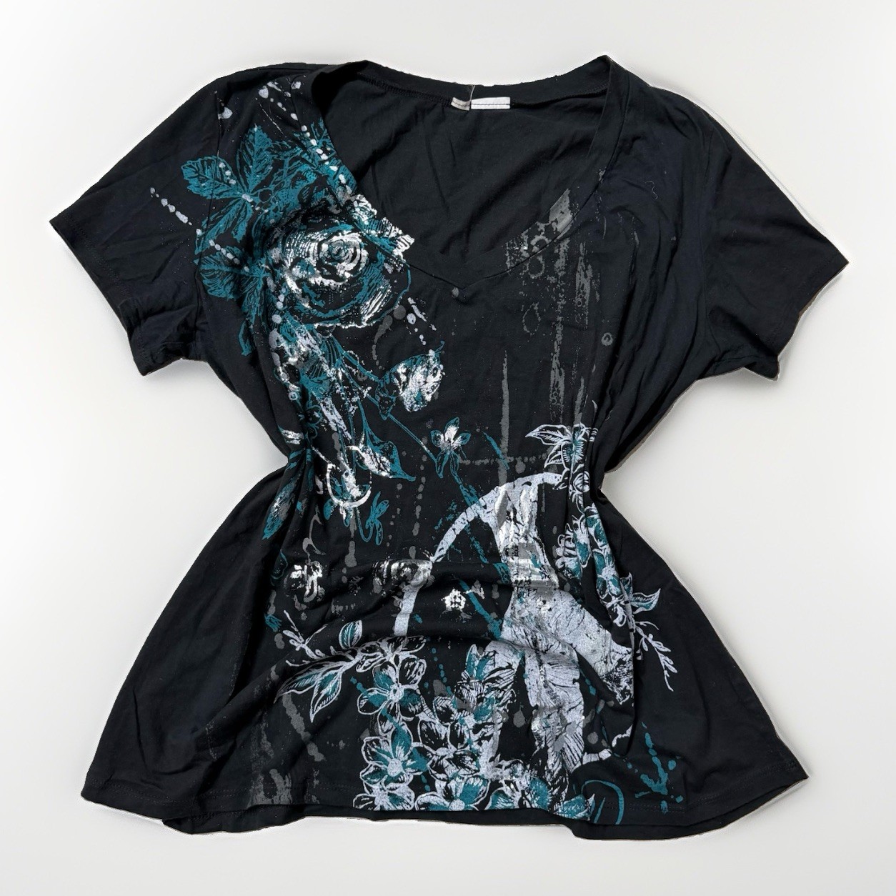 Vintage Y2K Gothic Grunge Graphic Tee V Neck Black Teal All Over Print Shirt
