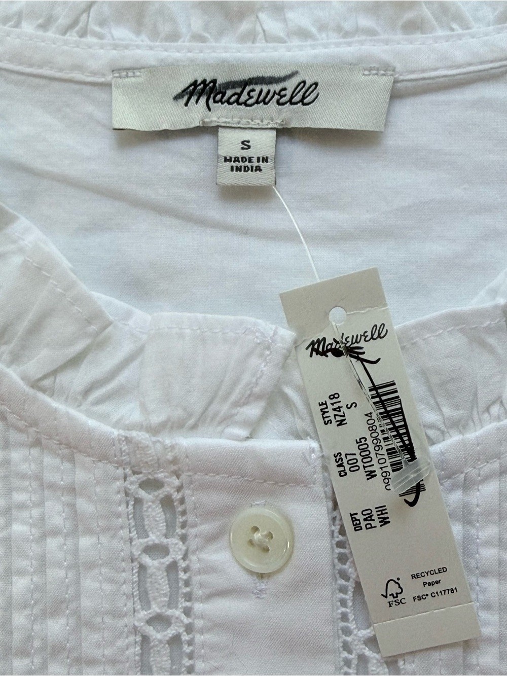 Madewell White High-Neck Lace-Insert Long Sleeve Pintuck Button Down Shirt S NWT