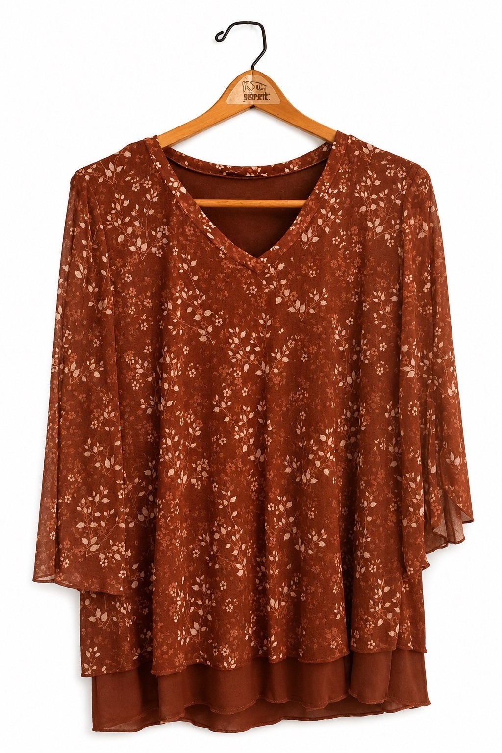 Floral Rust Brown V-Neck Layered Chiffon Blouse With 3/4 Sleeves – Womens L