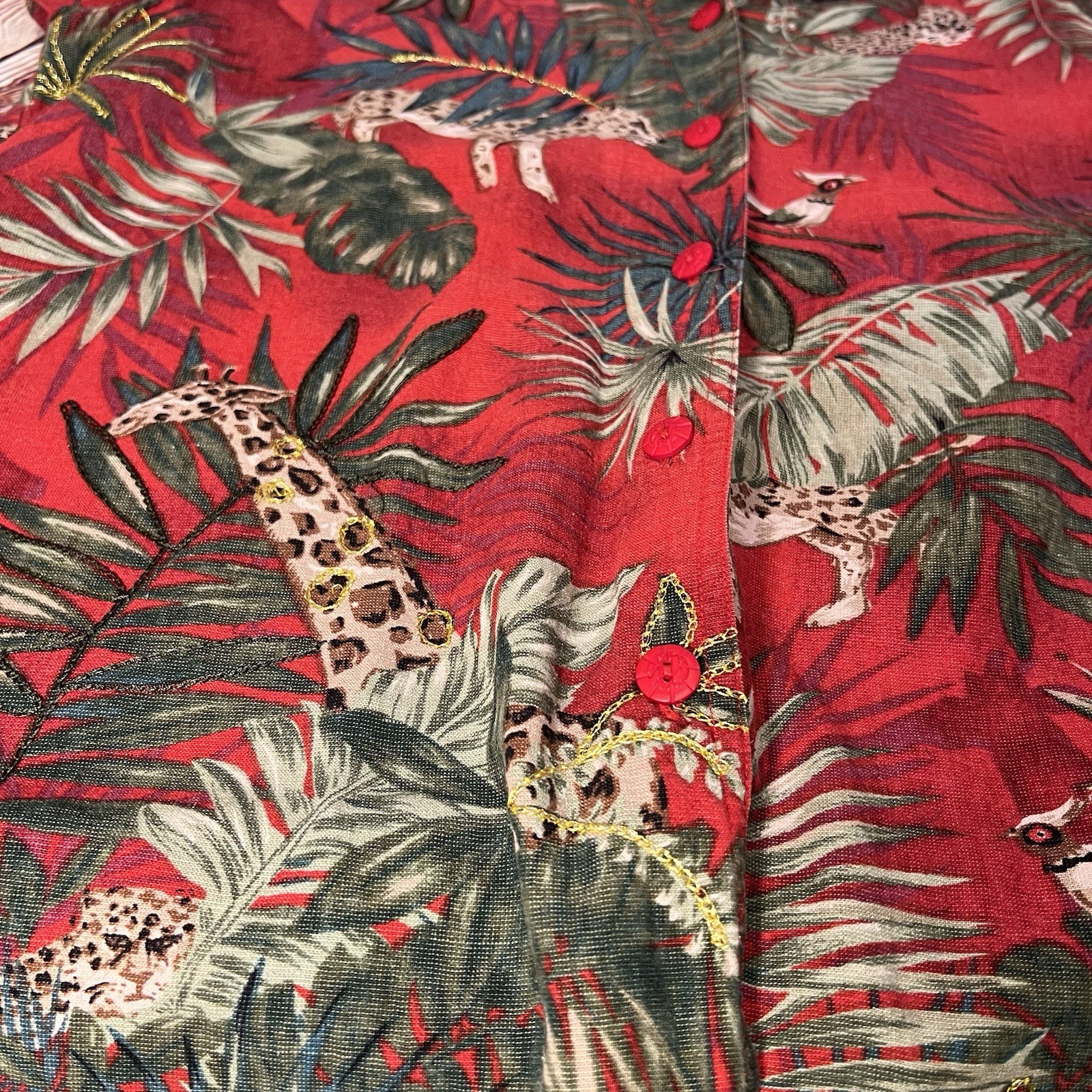 Erin London Women’s Red Safari Embroidered Button Up Silk Linen Blend Blouse S