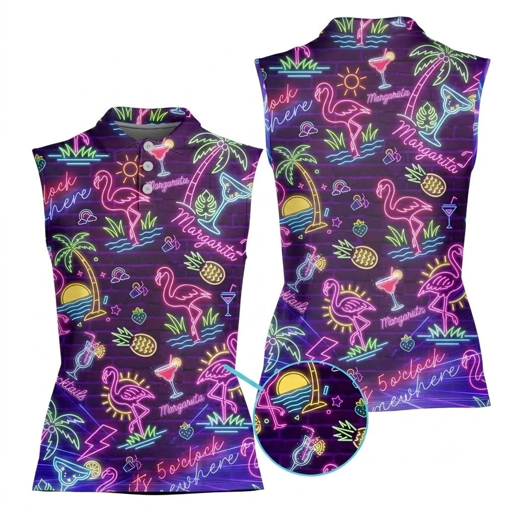 Flamingo Polo Women Sleeveless Golf Shirt Neon Cocktail Margarita Top