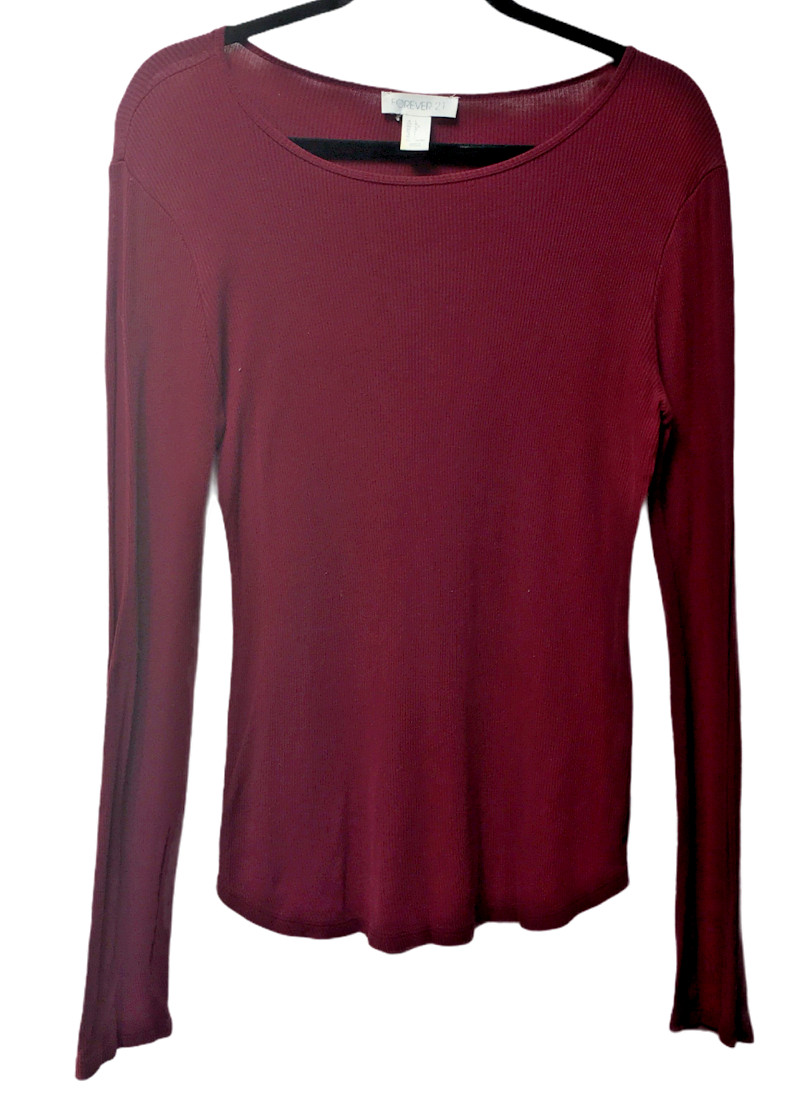 Womens Forever 21 Long Sleeve Pullover Ribbed Shirt Size Large Maroon Base Layer