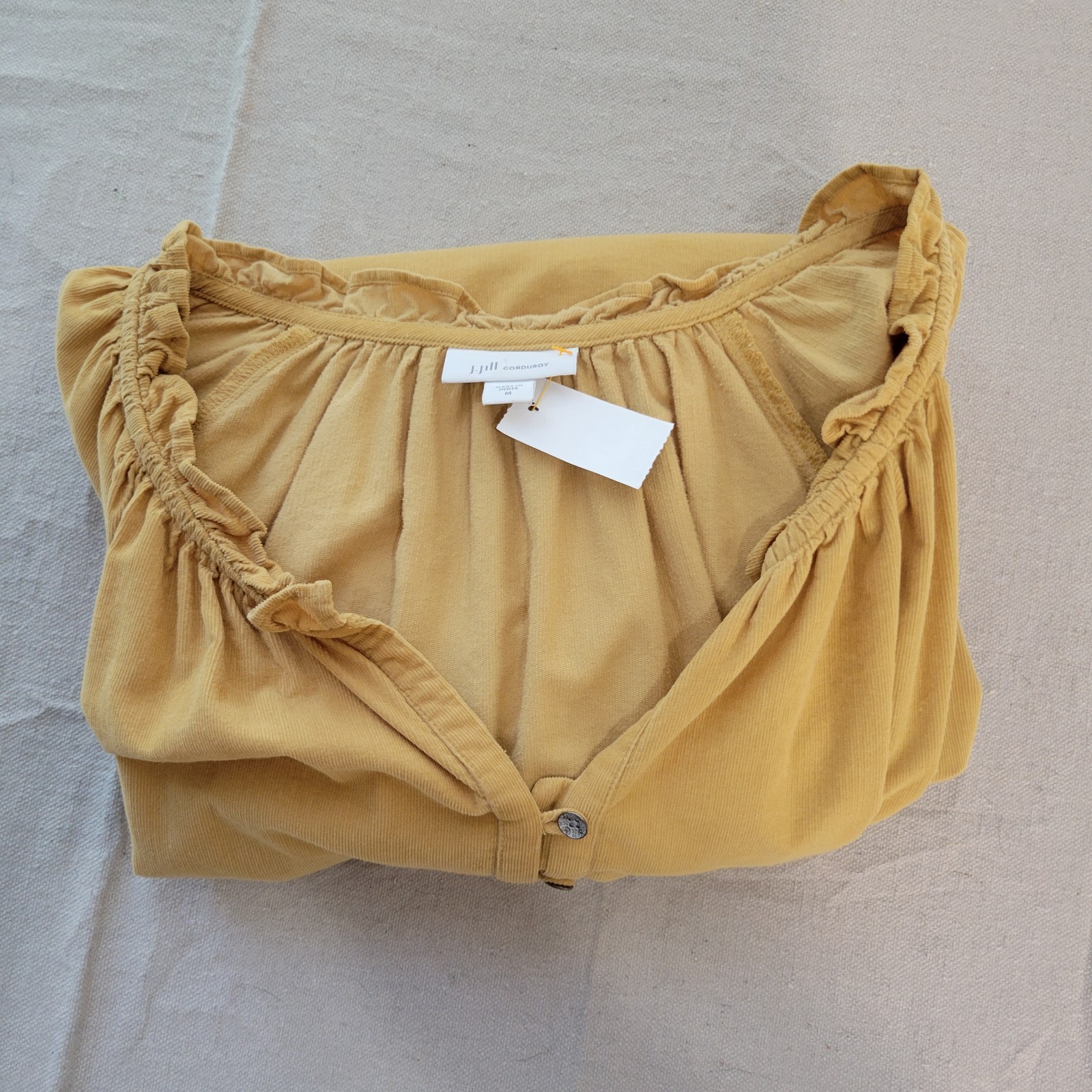 J Jill Corduroy Tunic Top Women’s Size M Yellow Long Sleeve Ruffled Neck Henley