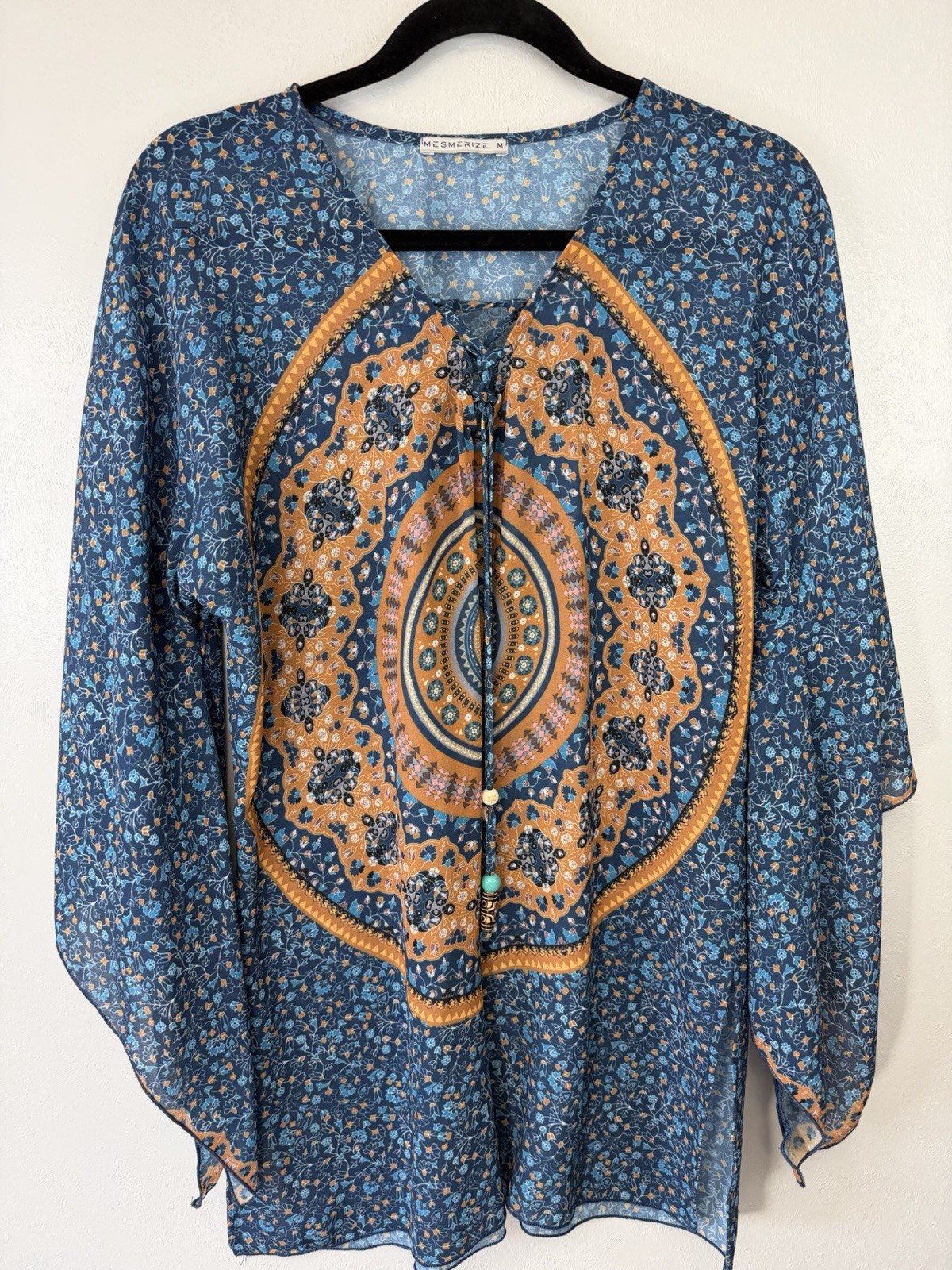 Boho Teal Hippie Blouse W Draped Sleeves And Multicolor Design Size M