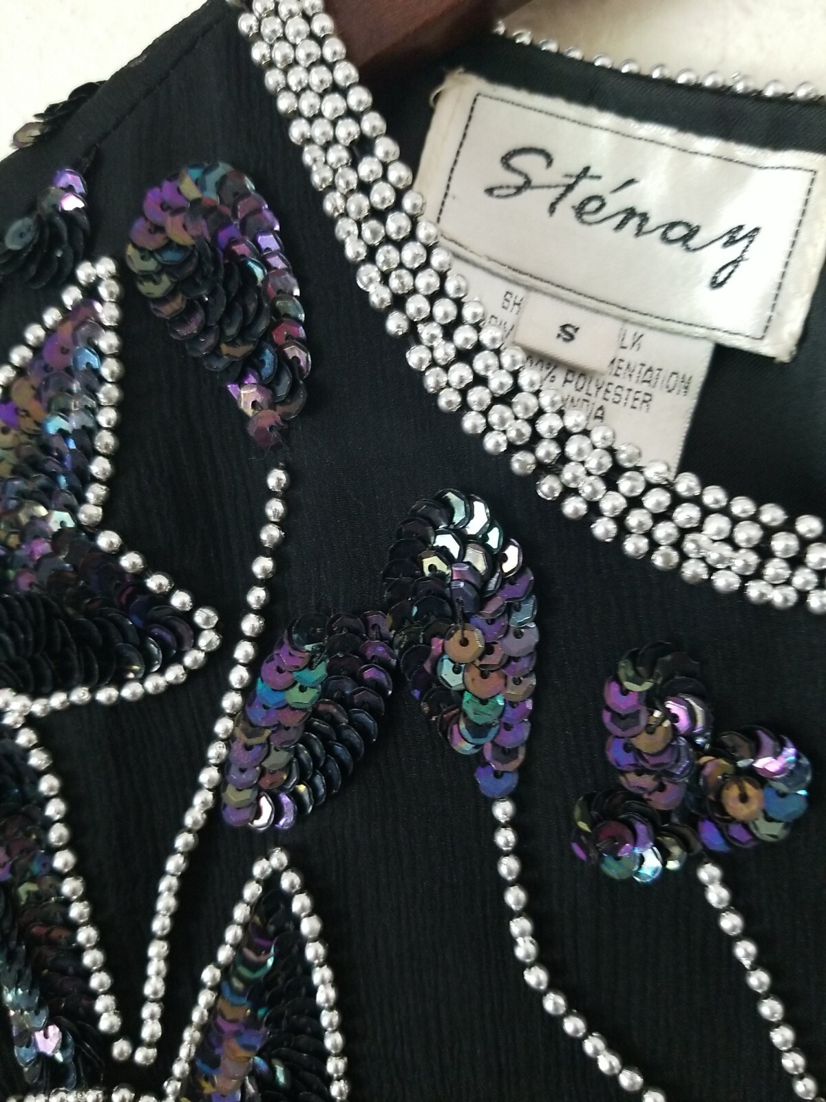 STENAY Women’s Short Sleeve Beaded w/ Sequins Black Silk Blouse Size S