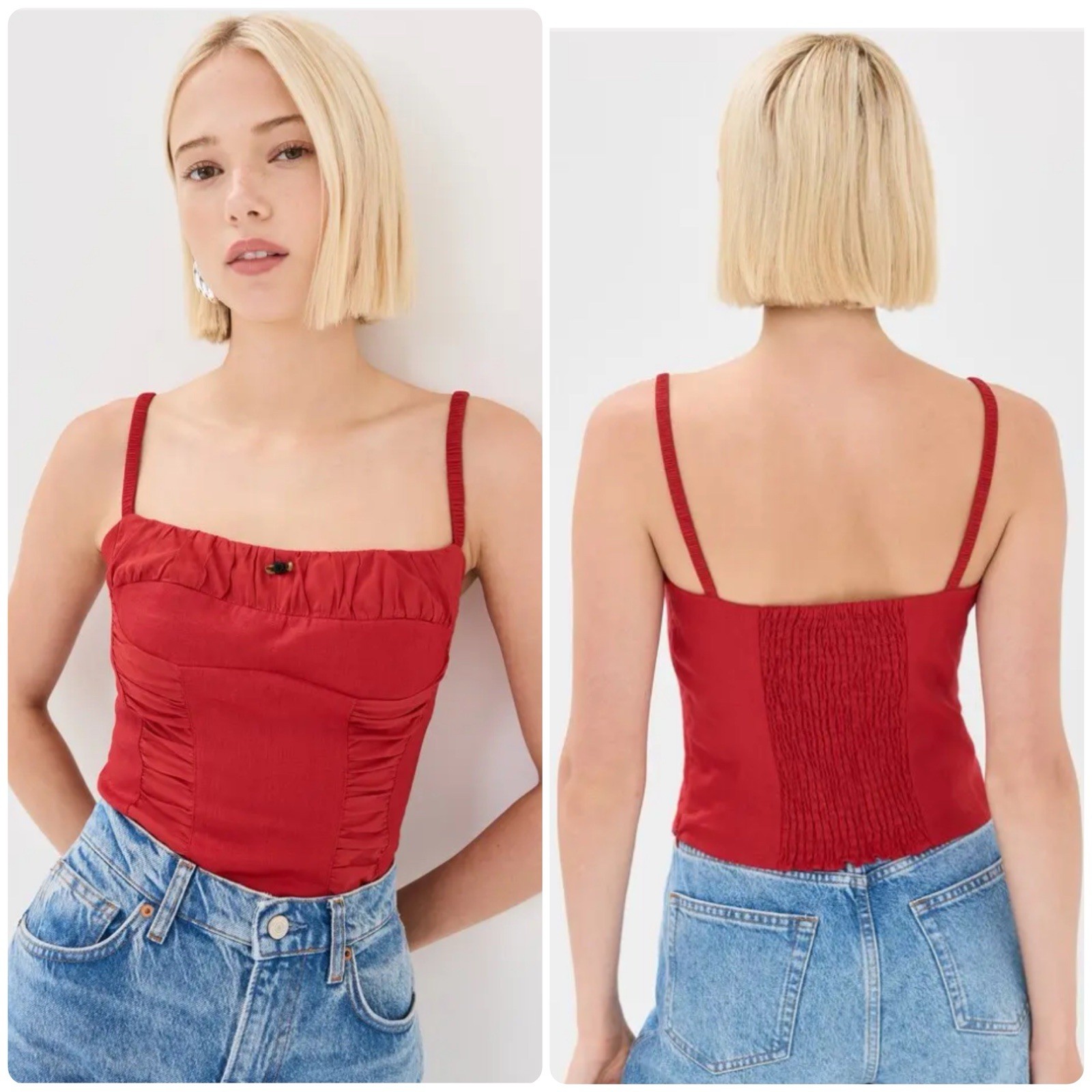 Reformation Emery Linen Top Sz 0 Tank Cami Square Neck Smocked Lipstick Red