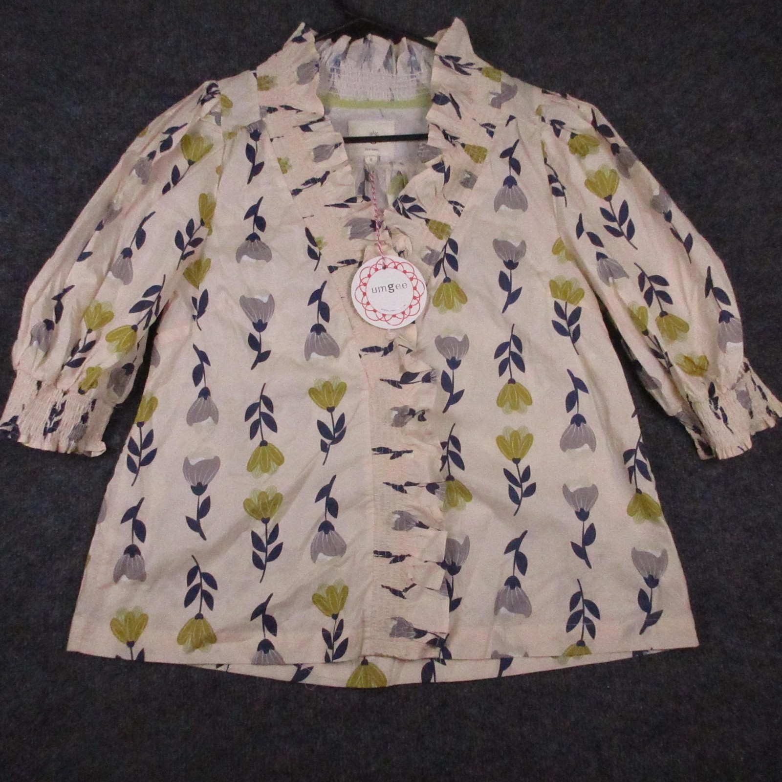 Umgee Blouse Womens Small Beige Floral High Neck Ruffle 3/4 Sleeve Tunic Top