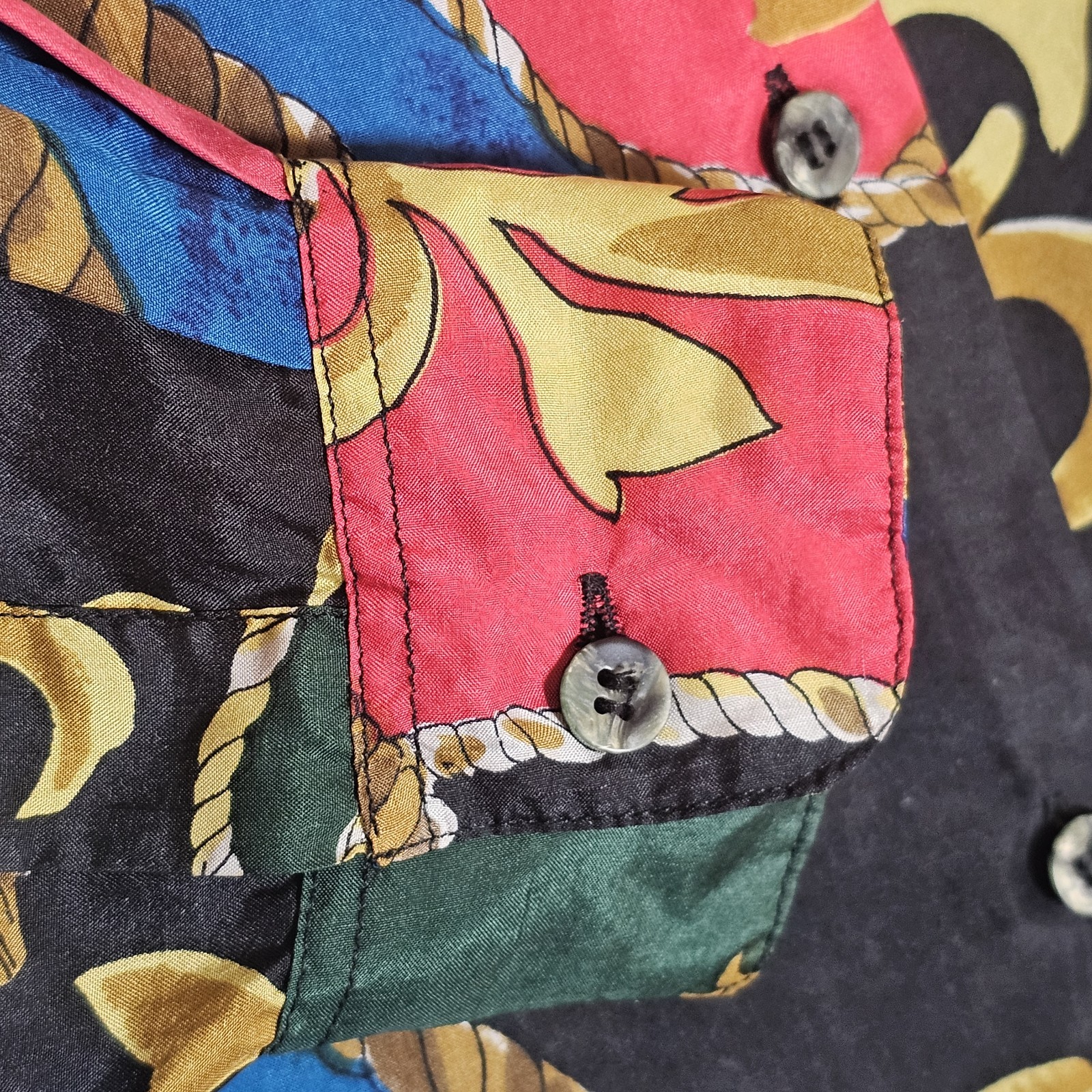 Vintage Basic Editions Top Womens Medium Multi Silk Button Up Music Baroque Fun