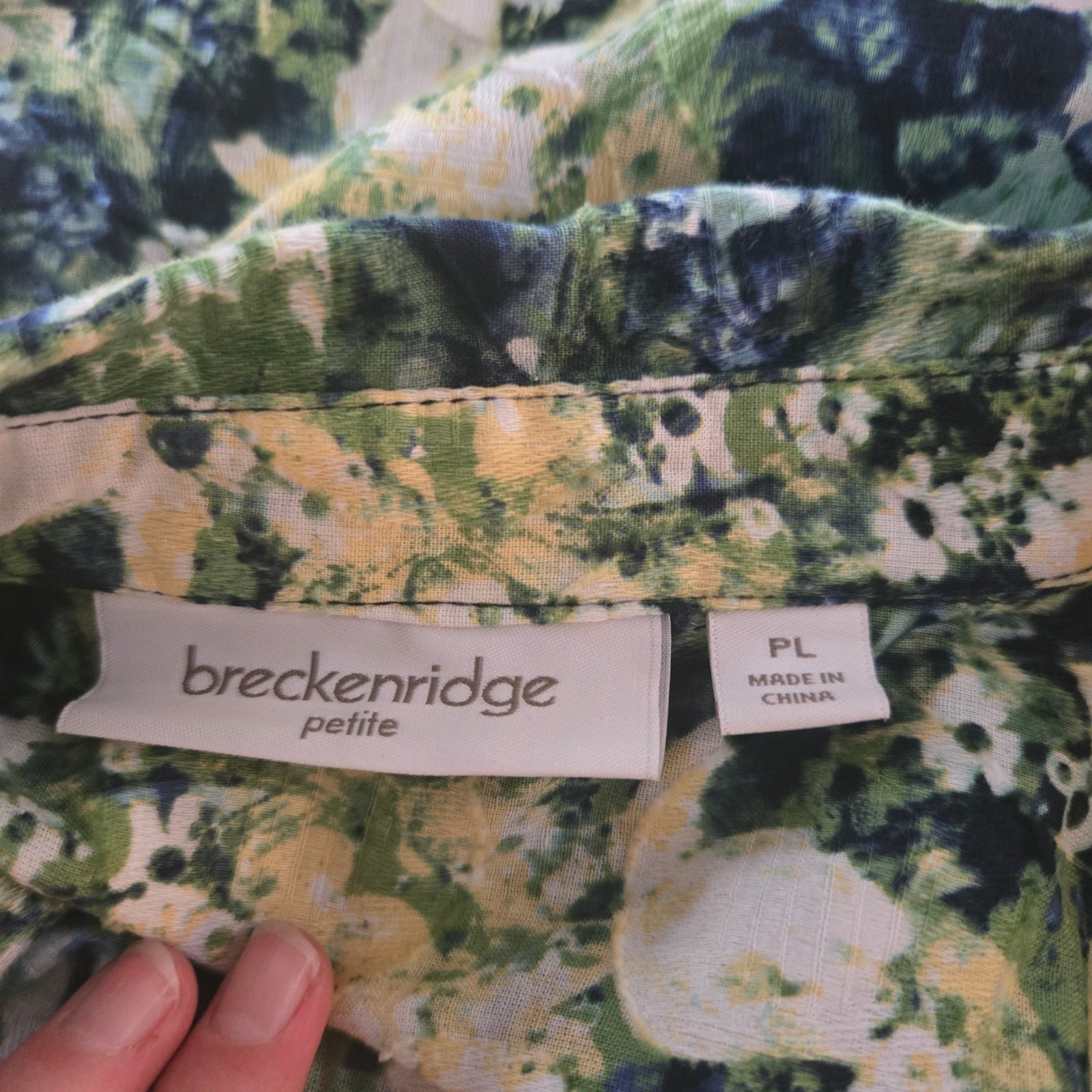 Breckenridge Shirt Womans Large Petite Green Blue Floral 100% Cotton 3/4 Sleeve