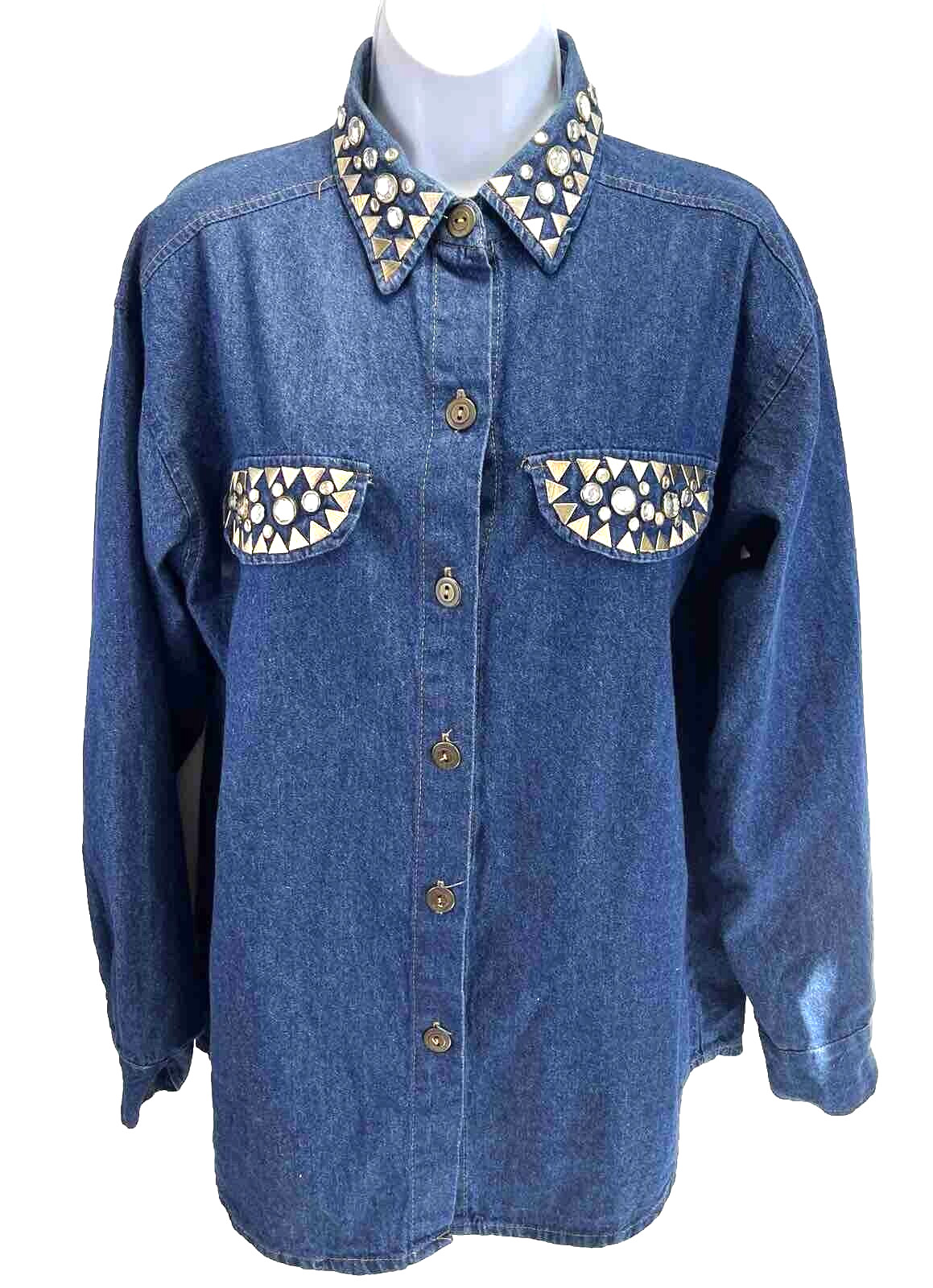 Miss & Mrs M Denim Shirt Rhinestones Studs on collar cuff 90’s rodeo Western VTG