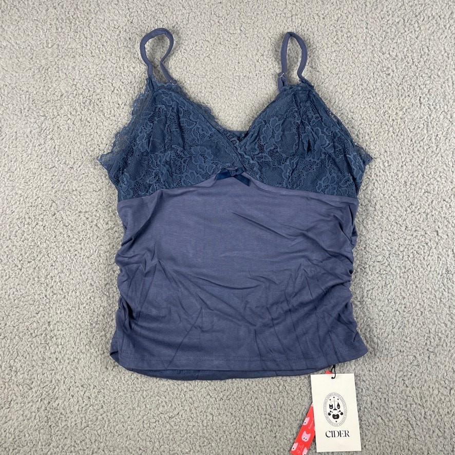 Cider Women’s Large Blue Rayon Elastane V-Neck Lace Bowknot Ruched Cami Top