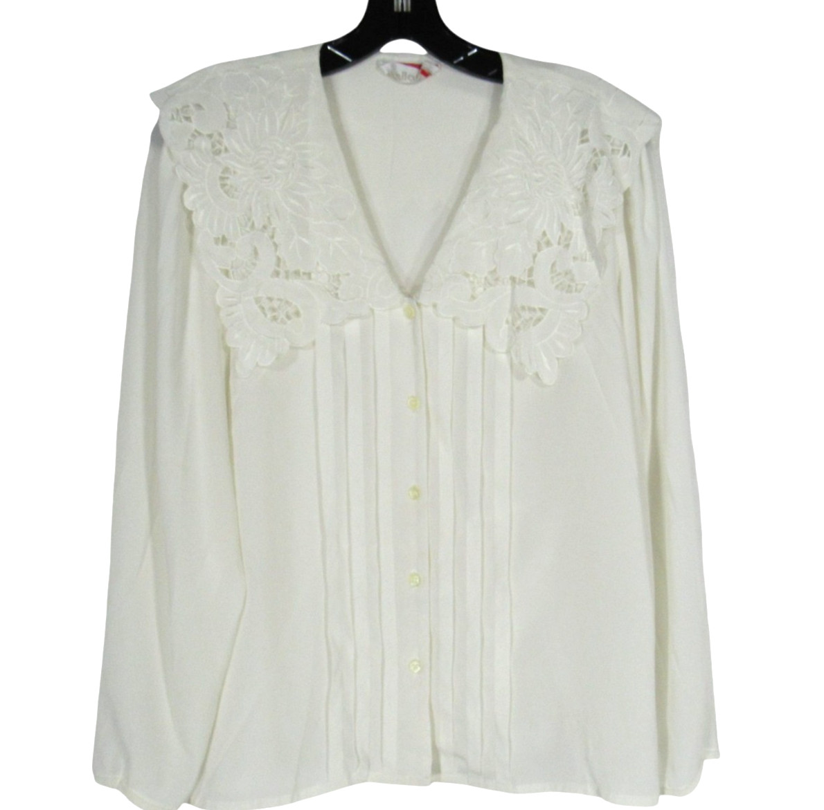 VTG NILANI White SATIN Pleated Front EYELET FLORAL COLLAR Blouse/Top Sz 9/10