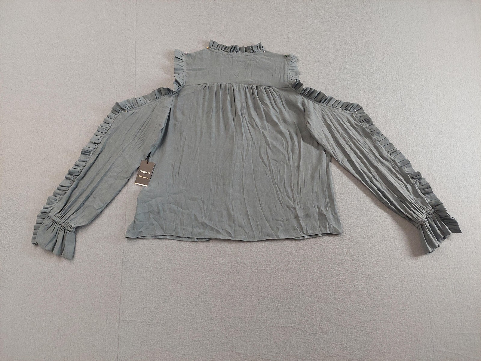 Forever 21 Shirt Womens Small Dusty Blue Cold Shoulder Ruffle Long Sleeve Top